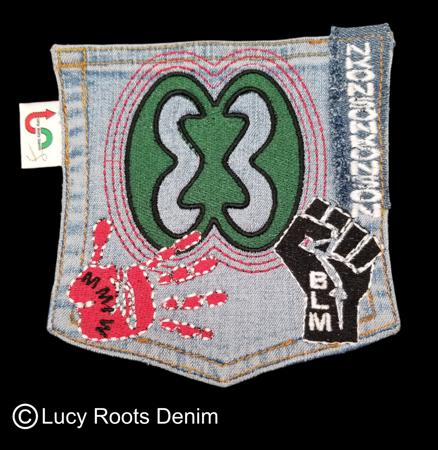 Nkonsonkonson # 3 Upcycled denim blue jeans Pocket Patch African Diaspora Indigenous Peoples