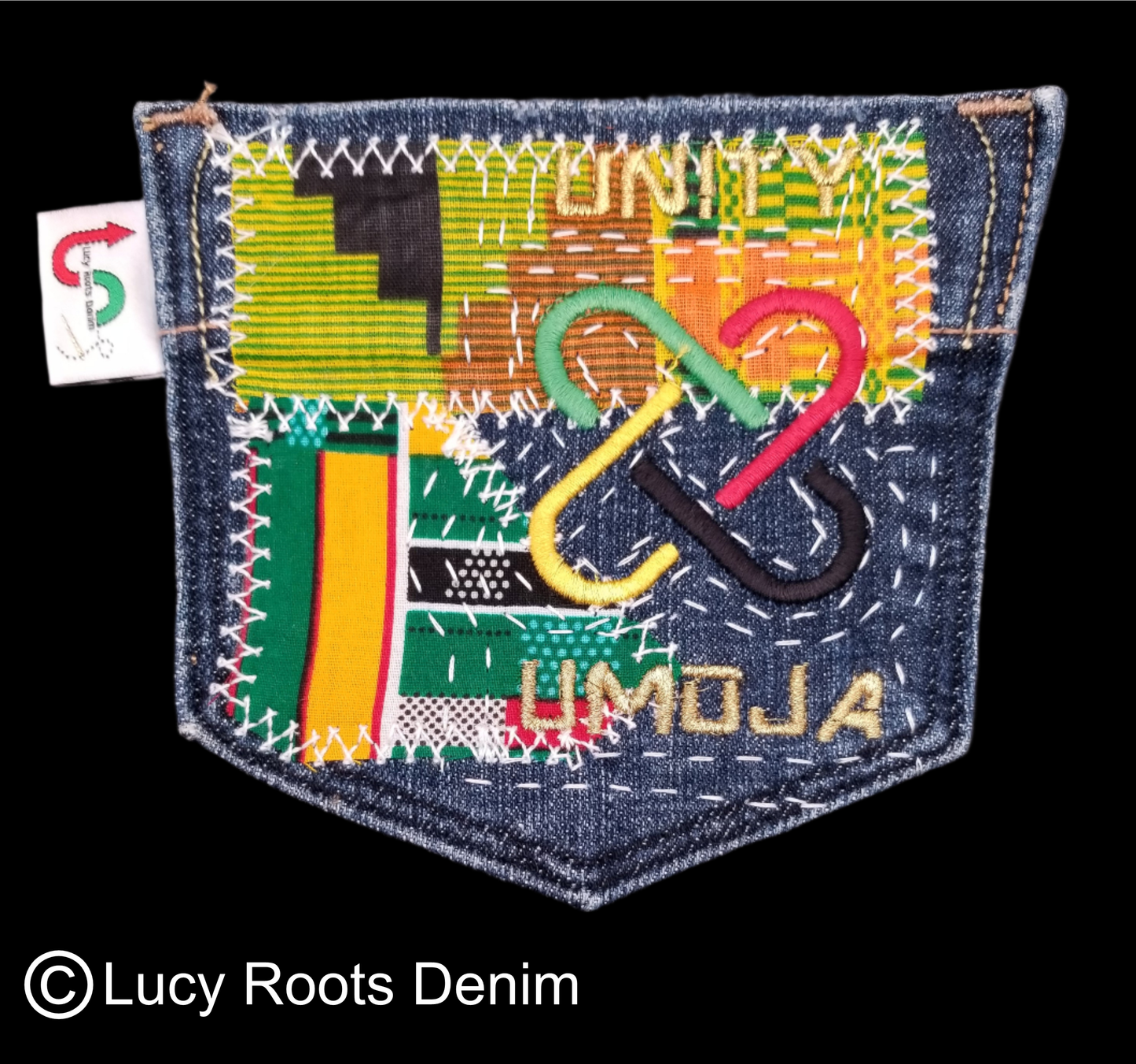 Umoja Unity # 1 Upcycled denim blue jeans Pocket Patch African Diasopra