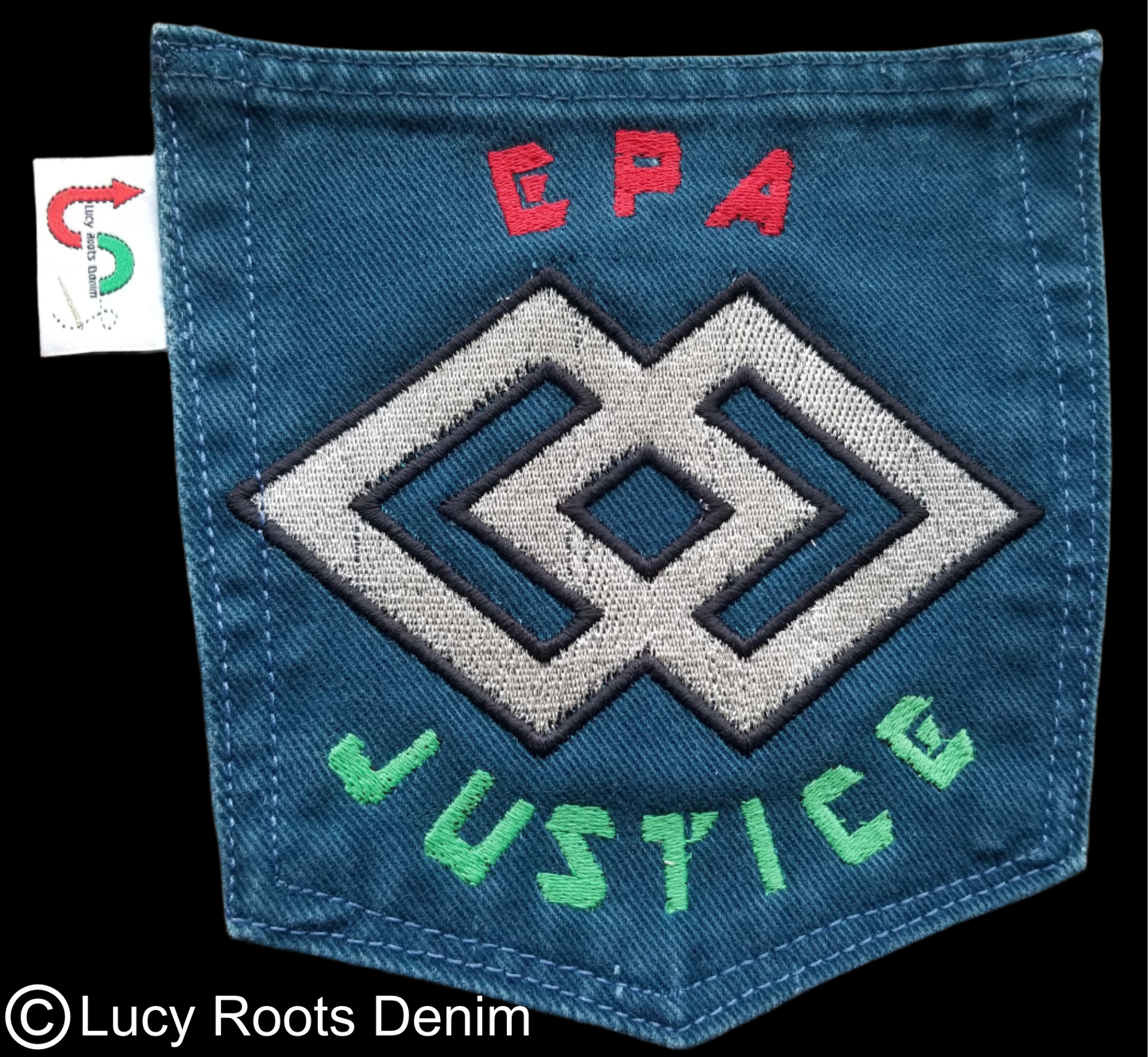 EPA # 2 Law and Justice Upcycled royal blue jeans Pocket Patch African Diaspora
