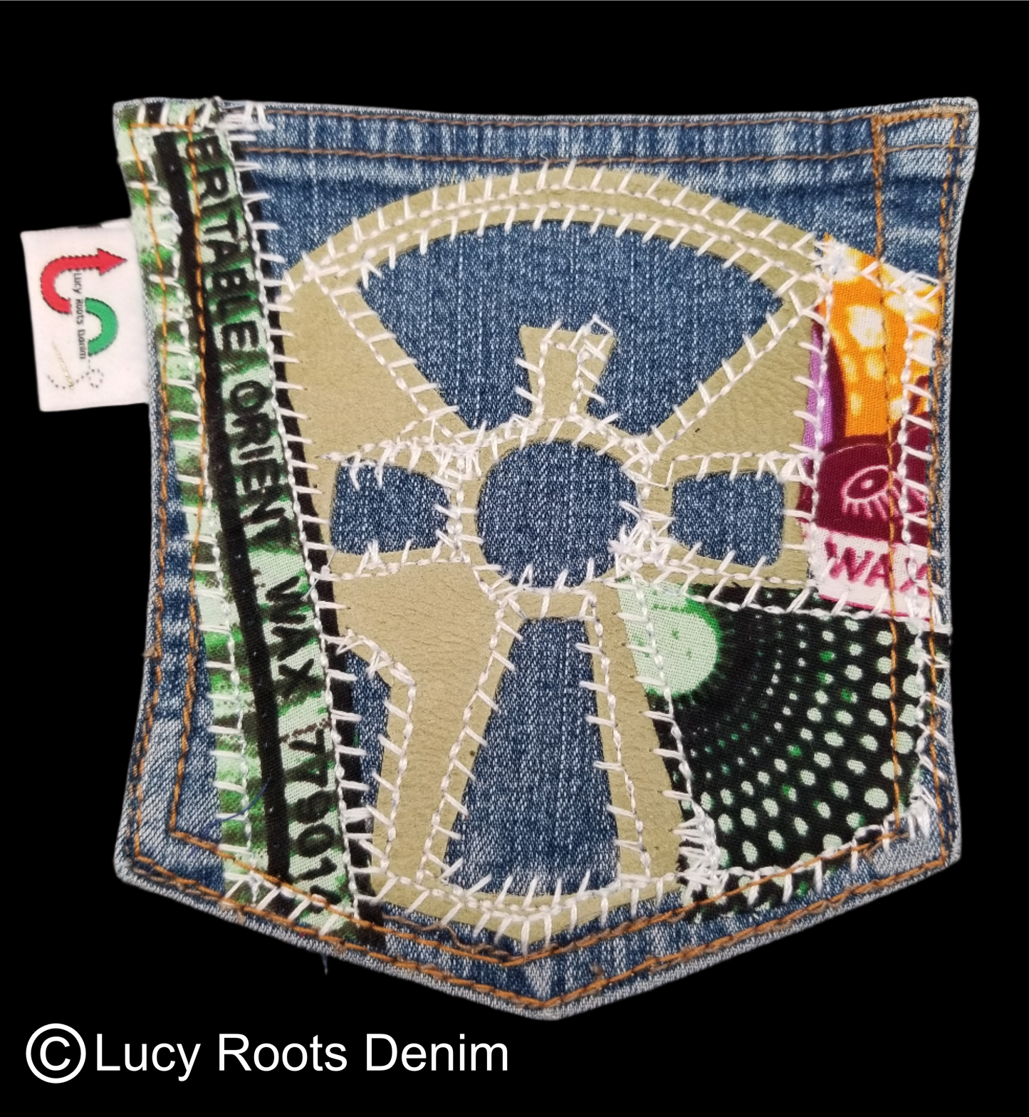 Ankh # 4 Upcycled denim blue jeans Pocket Patch Leather and Ankara applique African Diaspora
