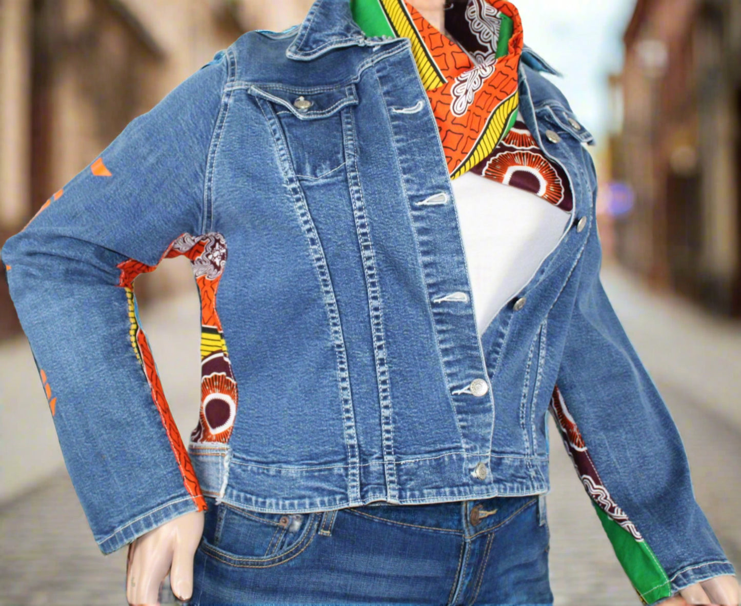 Upcycled Watch L.A. jean jacket 16 XL Plus Leather Ankh applique & Ankara One-Of-A-Kind African Diaspora
