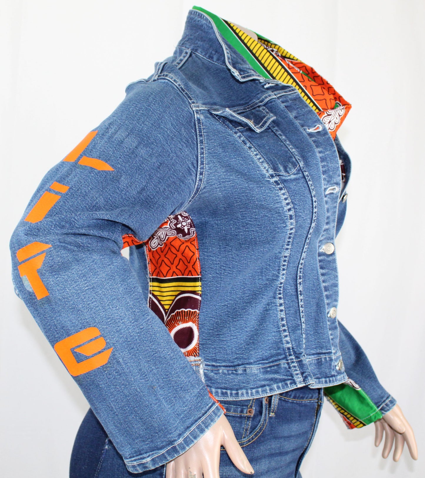 Upcycled Watch L.A. jean jacket 16 XL Plus Leather Ankh applique & Ankara One-Of-A-Kind African Diaspora