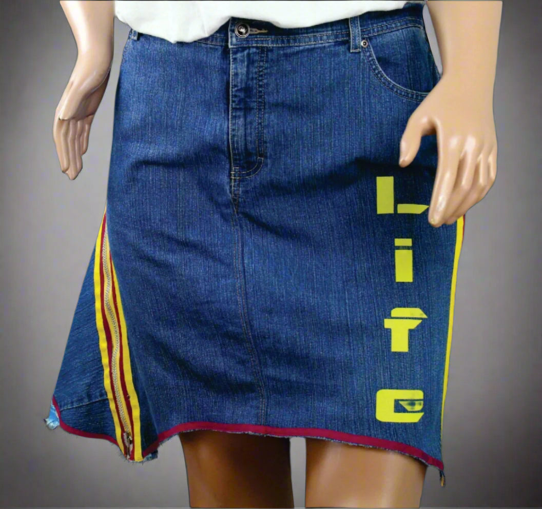 Upcycled Gloria Vanderbilt jeans 2x / 20 Plus to jean skirt Hi-Lo Yellow Ankh & Life appliques One-Of-A-Kind African Diaspora