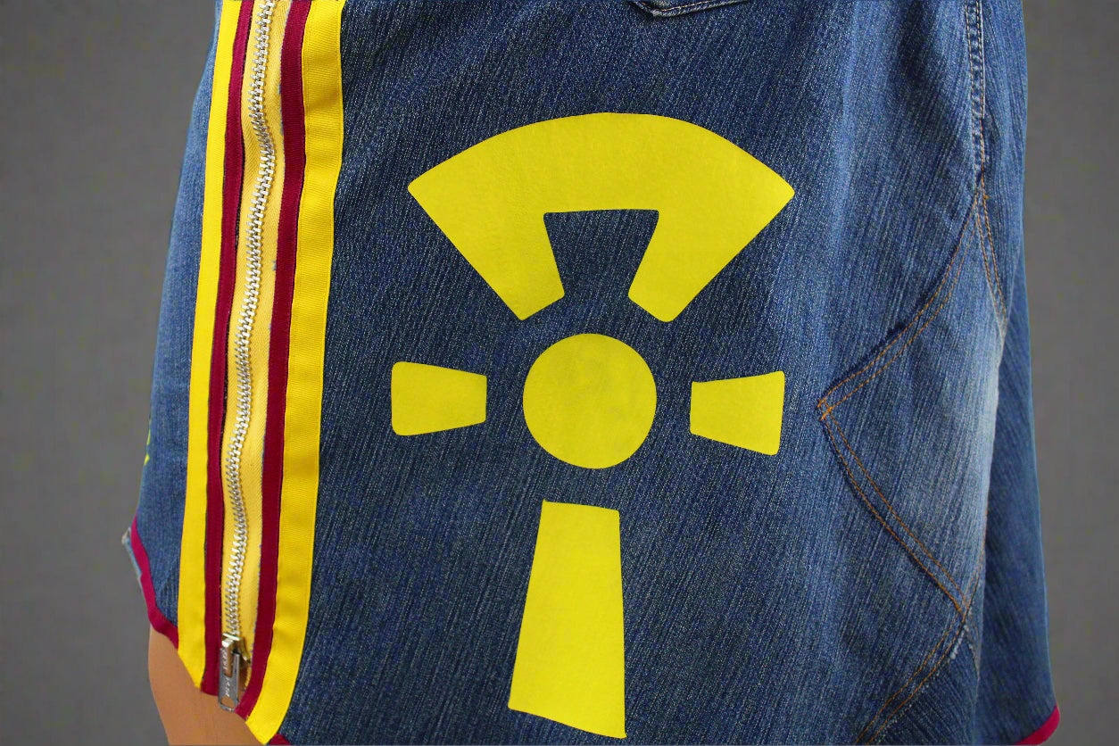 Upcycled Gloria Vanderbilt jeans 2x / 20 Plus to jean skirt Hi-Lo Yellow Ankh & Life appliques One-Of-A-Kind African Diaspora