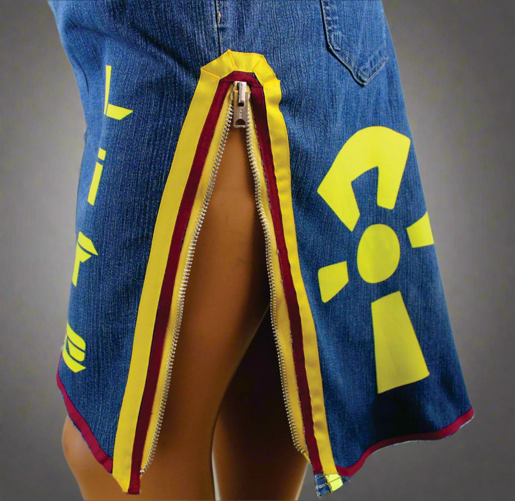 Upcycled Gloria Vanderbilt jeans 2x / 20 Plus to jean skirt Hi-Lo Yellow Ankh & Life appliques One-Of-A-Kind African Diaspora