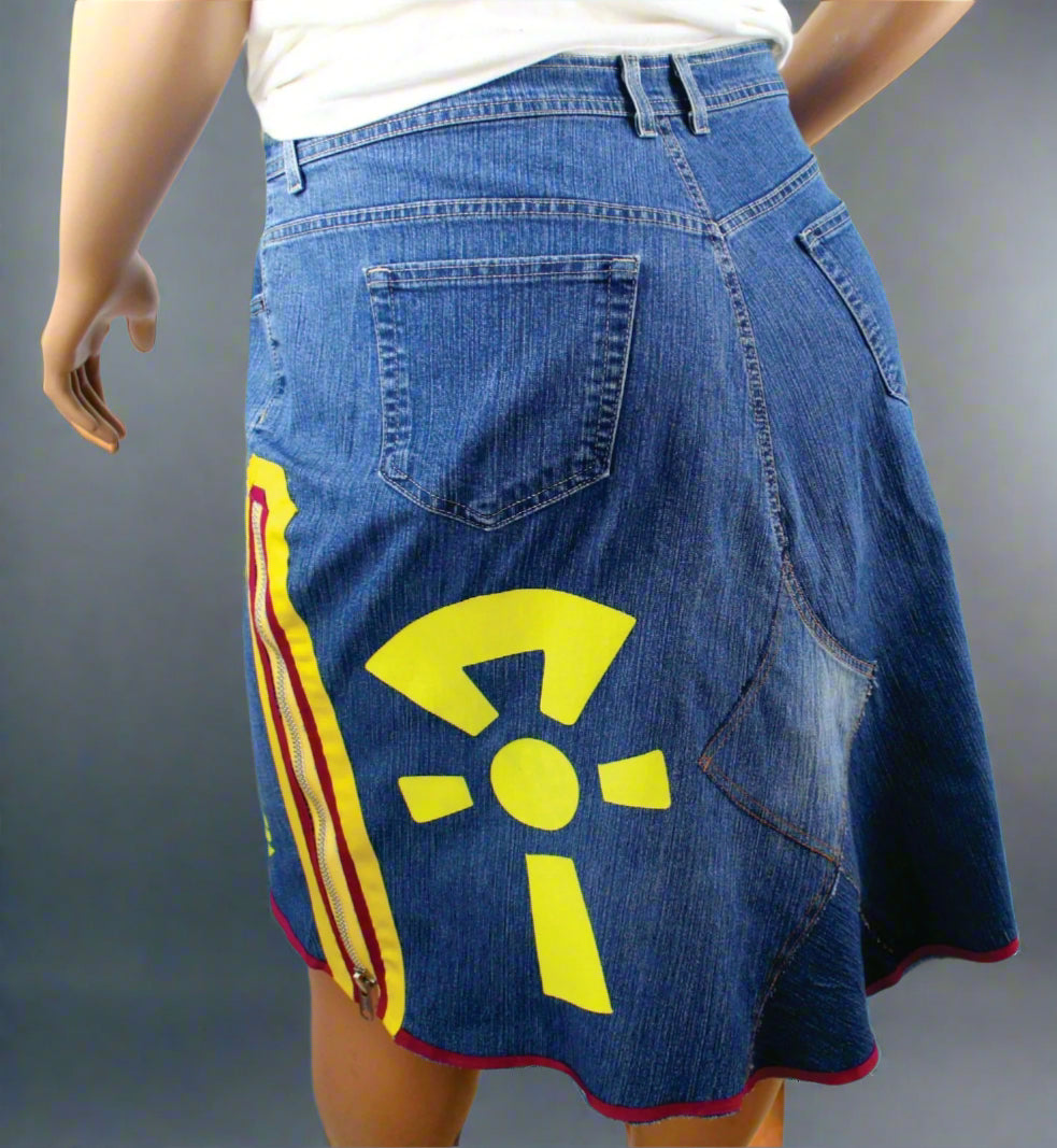 Upcycled Gloria Vanderbilt jeans 2x / 20 Plus to jean skirt Hi-Lo Yellow Ankh & Life appliques One-Of-A-Kind African Diaspora