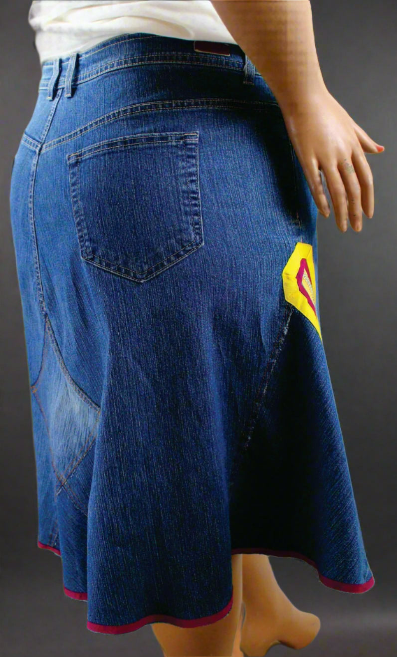 Upcycled Gloria Vanderbilt jeans 2x / 20 Plus to jean skirt Hi-Lo Yellow Ankh & Life appliques One-Of-A-Kind African Diaspora