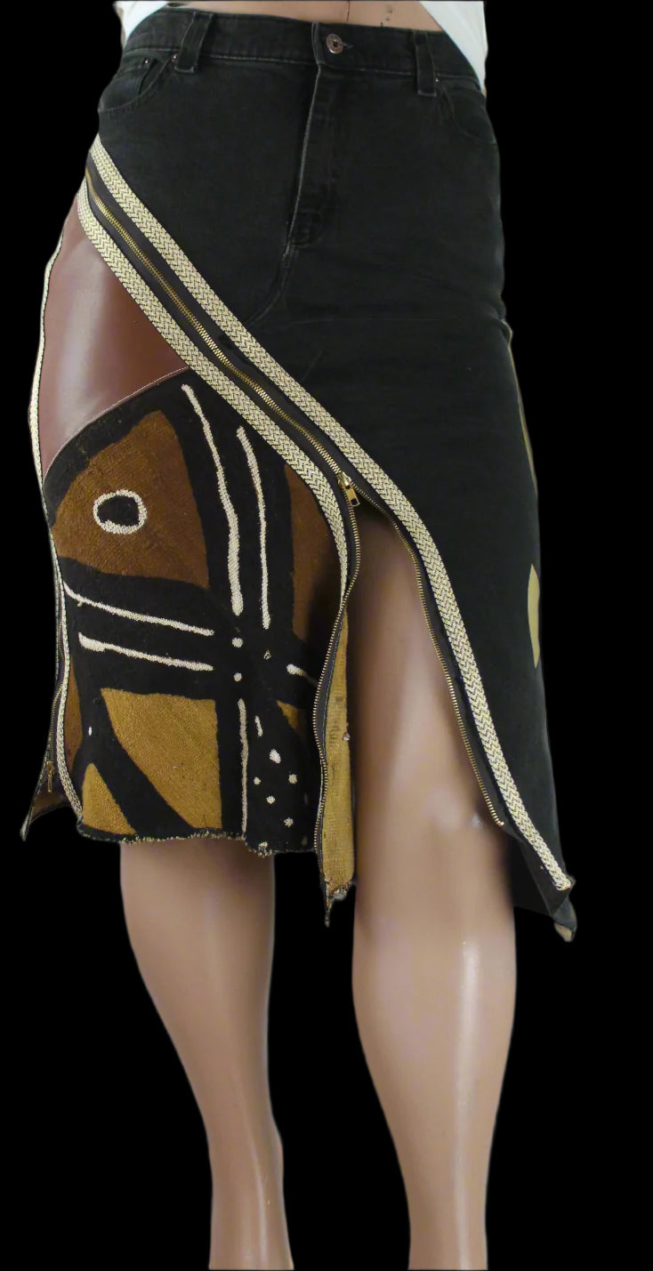 Upcycled Lee jeans 14 Plus to jean skirt Mud Cloth Leather & Gold Ankh applique black denim One-Of-A-Kind African Diaspora