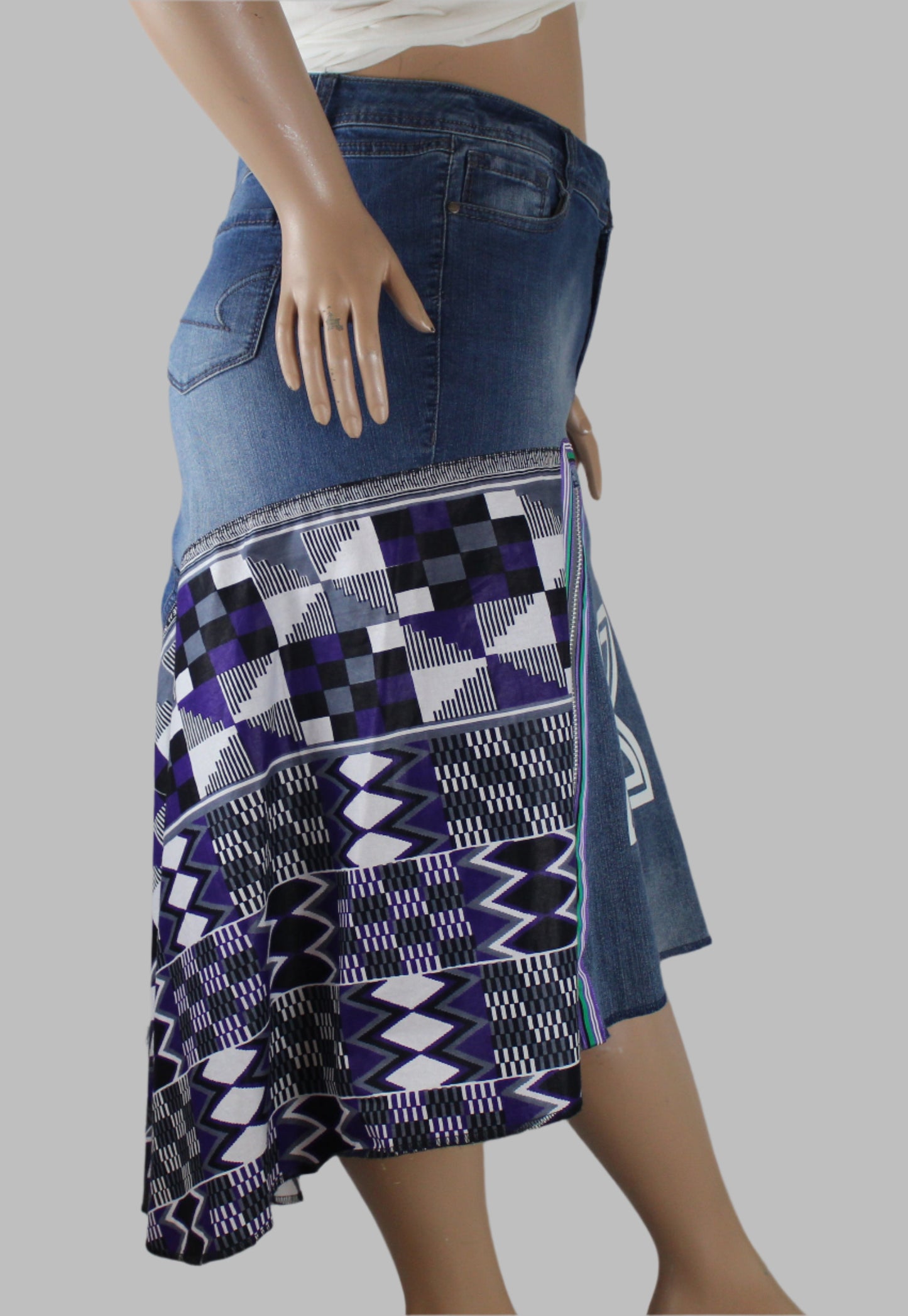Upcycled jeans to jean skirt Size 20 Fawohodie Independence Purple Ankara African Diaspora