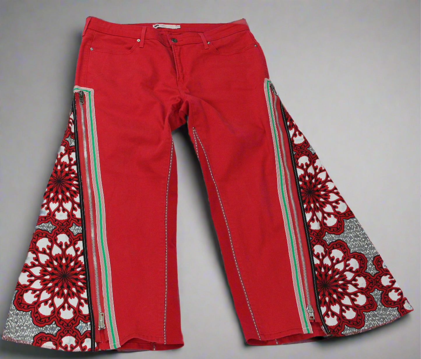 Upcycled Levi's jeans 20 Plus Ankara Dutch wax print red denim One-Of-A-Kind African Diaspora