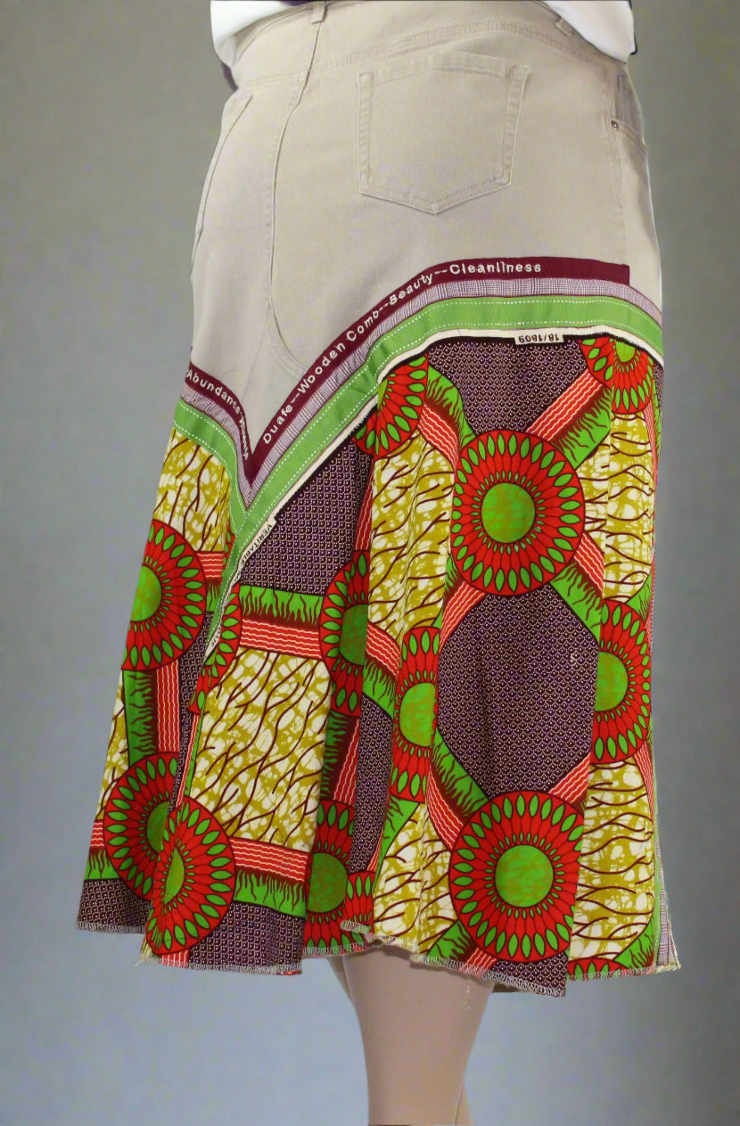 Upcycled Gloria Vanderbilt jeans 20W Plus tp jean skirt Nserewa Duafe Leather Applique & Ankara One-Of-A-Kind African Diaspora