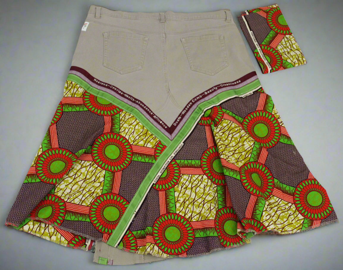 Upcycled Gloria Vanderbilt jeans 20W Plus tp jean skirt Nserewa Duafe Leather Applique & Ankara One-Of-A-Kind African Diaspora