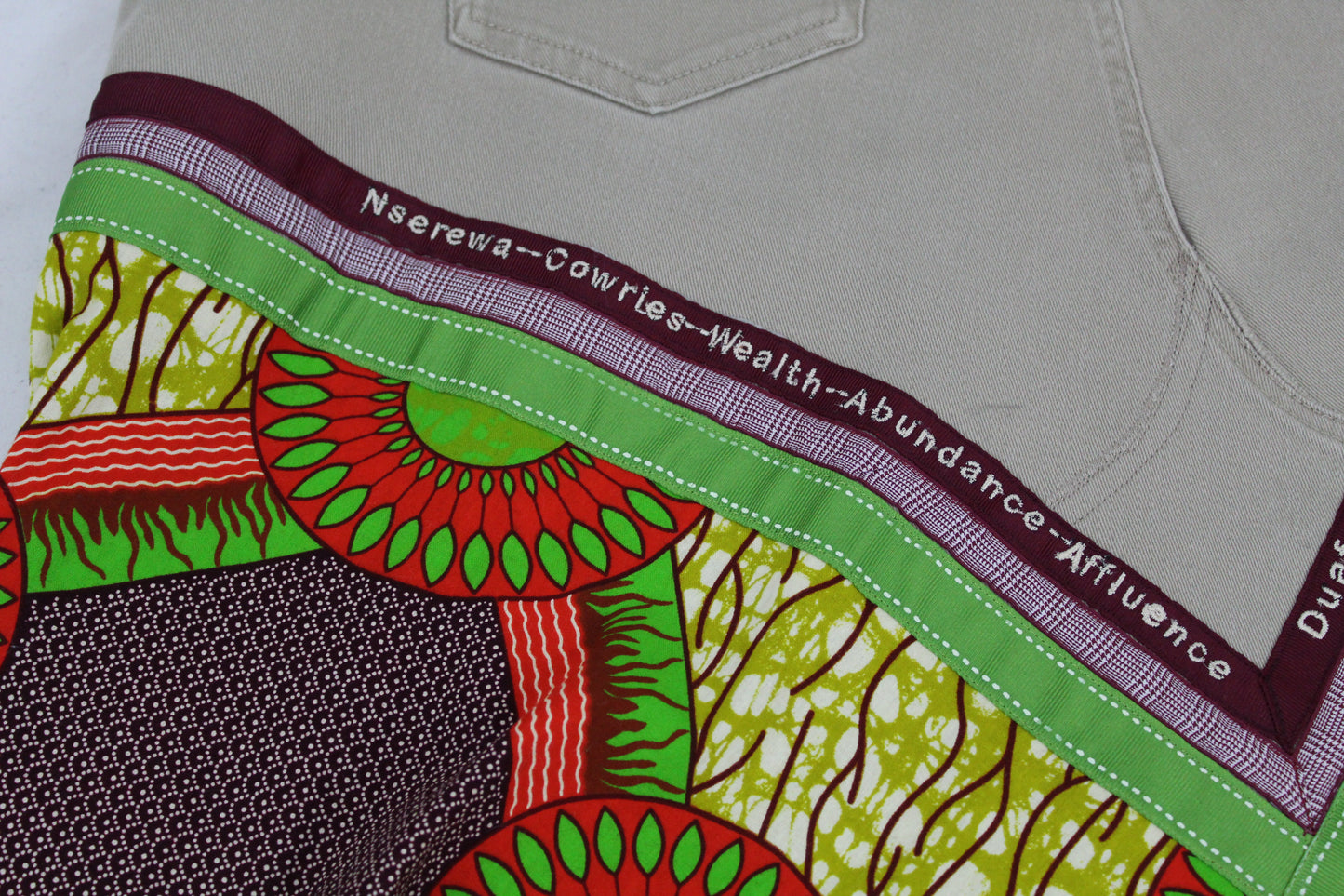 Upcycled Gloria Vanderbilt jeans 20W Plus tp jean skirt Nserewa Duafe Leather Applique & Ankara One-Of-A-Kind African Diaspora