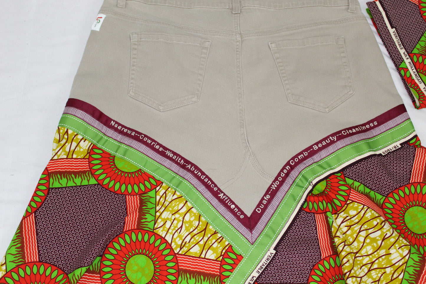 Upcycled Gloria Vanderbilt jeans 20W Plus tp jean skirt Nserewa Duafe Leather Applique & Ankara One-Of-A-Kind African Diaspora