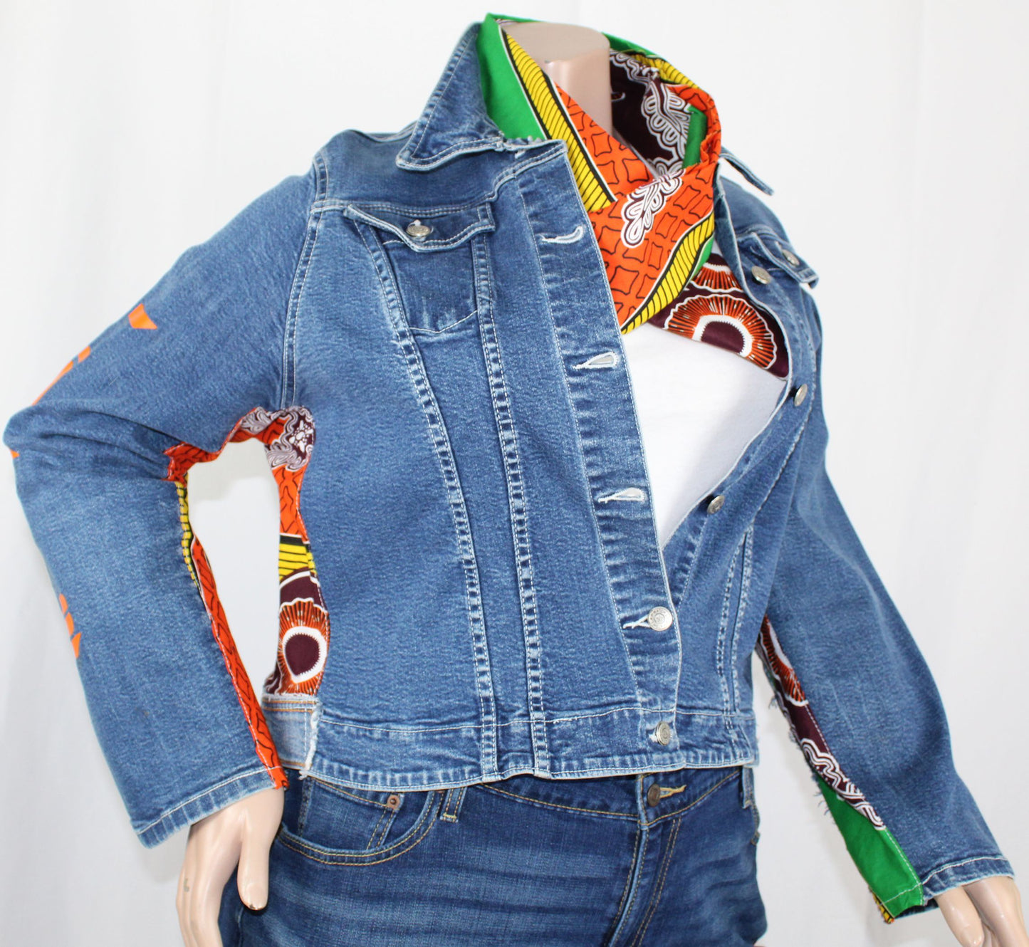 Upcycled Watch L.A. jean jacket 16 XL Plus Leather Ankh applique & Ankara One-Of-A-Kind African Diaspora