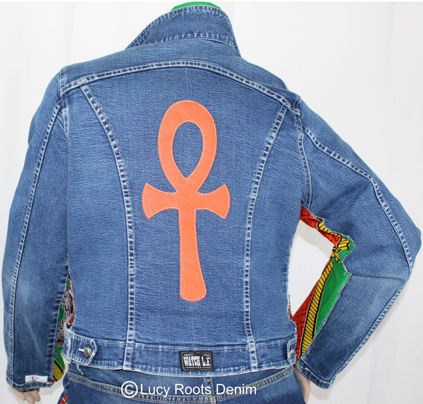 Upcycled Watch L.A. jean jacket 16 XL Plus Leather Ankh applique & Ankara One-Of-A-Kind African Diaspora