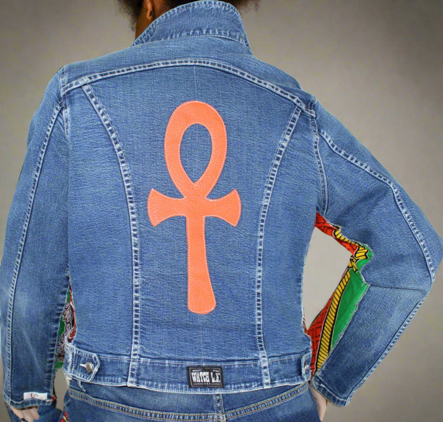 Upcycled Watch L.A. jean jacket 16 XL Plus Leather Ankh applique & Ankara One-Of-A-Kind African Diaspora