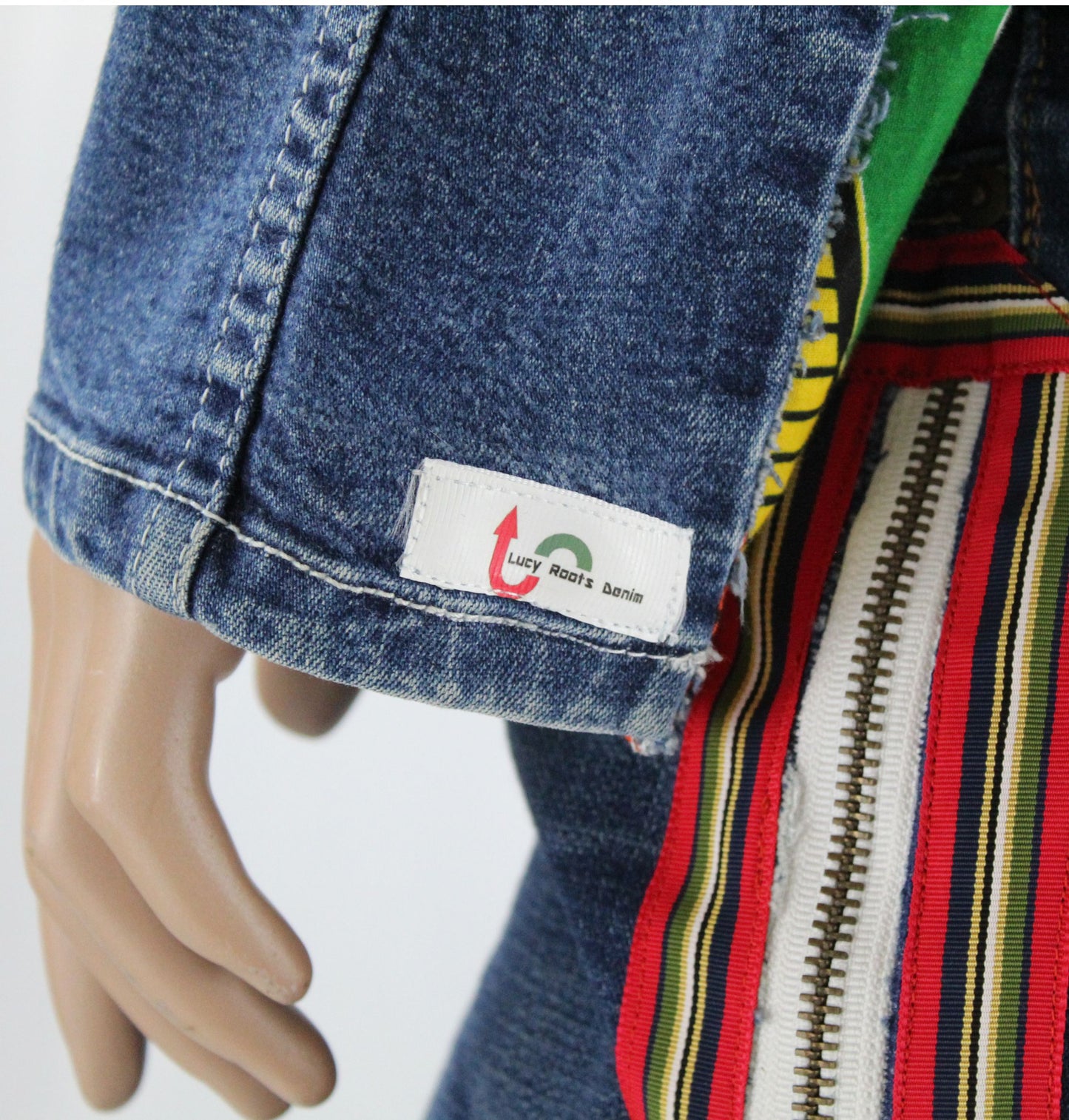 Upcycled Watch L.A. jean jacket 16 XL Plus Leather Ankh applique & Ankara One-Of-A-Kind African Diaspora