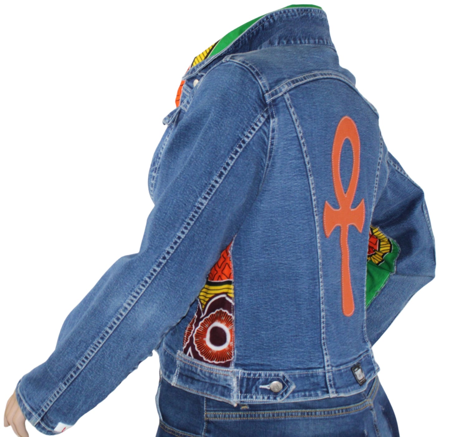 Upcycled Watch L.A. jean jacket 16 XL Plus Leather Ankh applique & Ankara One-Of-A-Kind African Diaspora