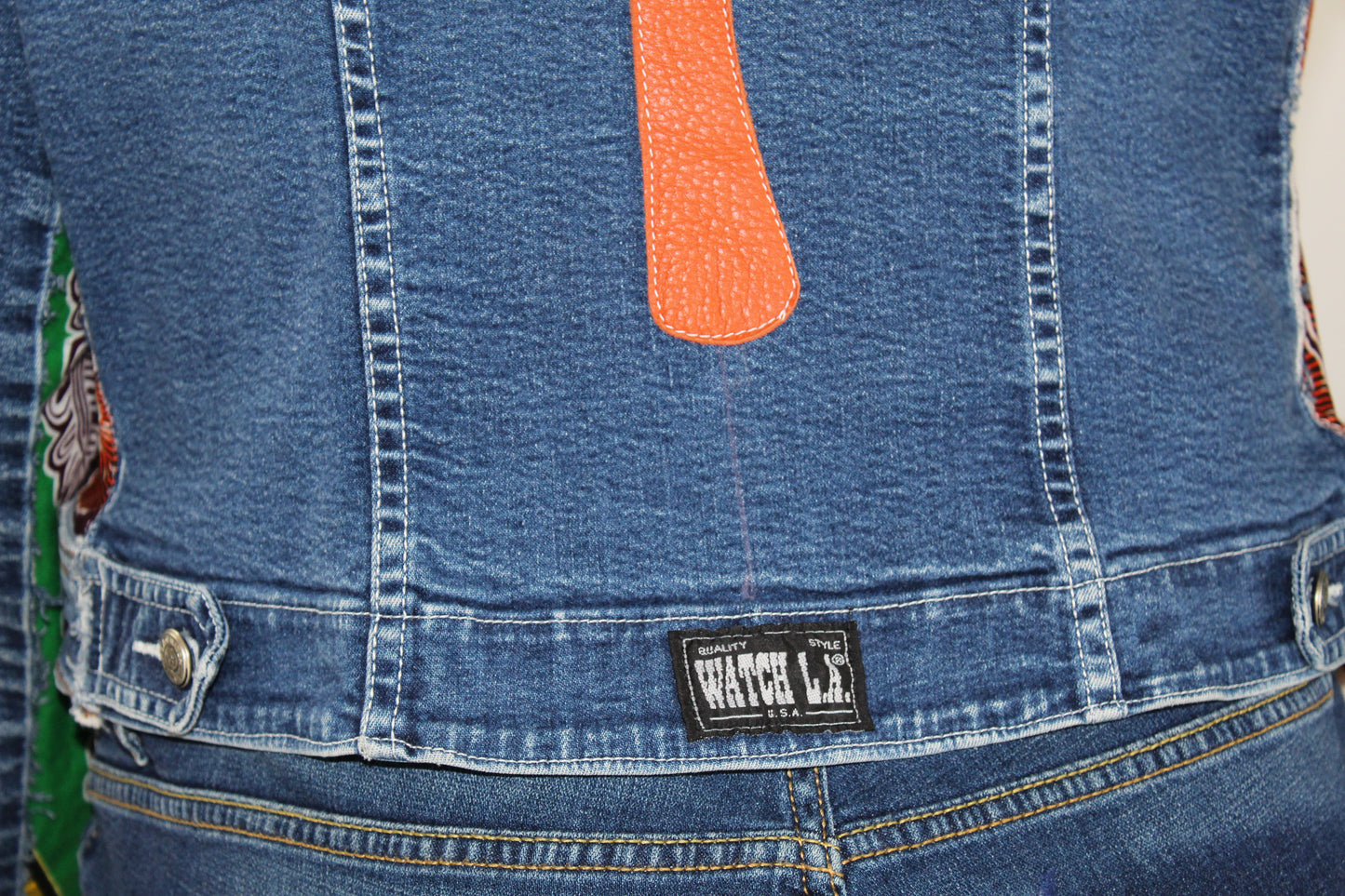 Upcycled Watch L.A. jean jacket 16 XL Plus Leather Ankh applique & Ankara One-Of-A-Kind African Diaspora