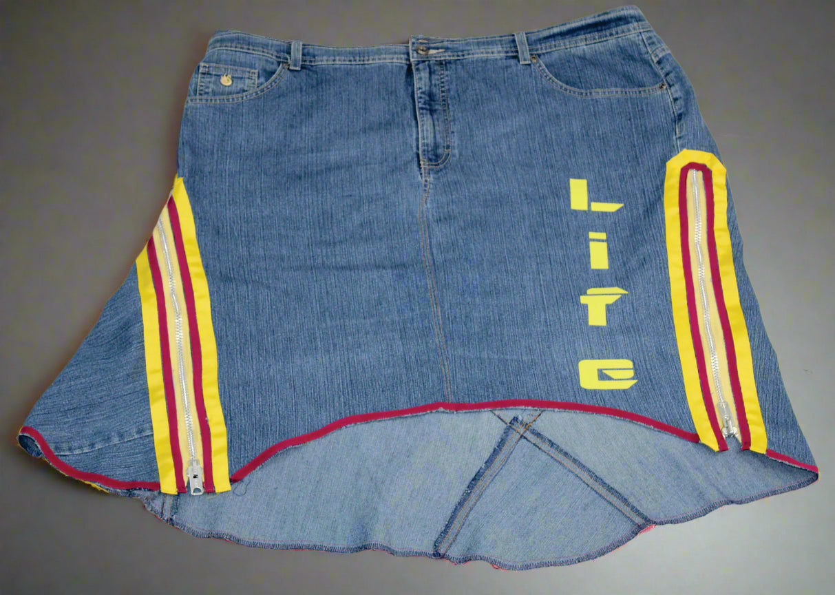 Upcycled Gloria Vanderbilt jeans 2x / 20 Plus to jean skirt Hi-Lo Yellow Ankh & Life appliques One-Of-A-Kind African Diaspora