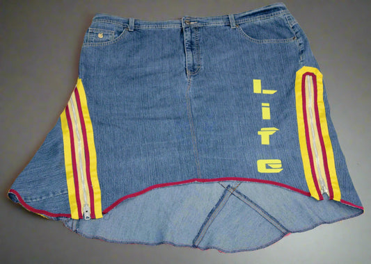 Upcycled Gloria Vanderbilt jeans 2x / 20 Plus to jean skirt Hi-Lo Yellow Ankh & Life appliques One-Of-A-Kind African Diaspora