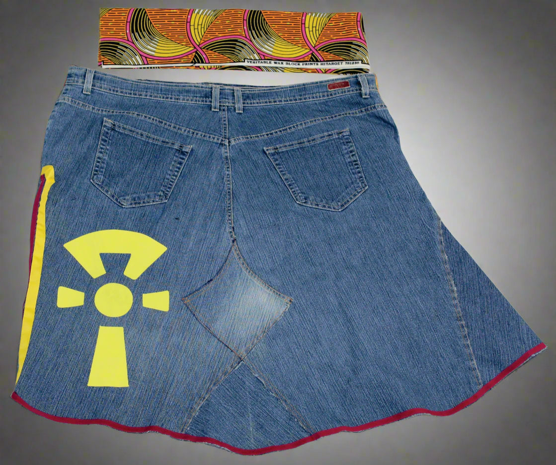 Upcycled Gloria Vanderbilt jeans 2x / 20 Plus to jean skirt Hi-Lo Yellow Ankh & Life appliques One-Of-A-Kind African Diaspora