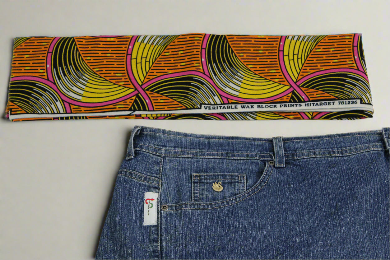 Upcycled Gloria Vanderbilt jeans 2x / 20 Plus to jean skirt Hi-Lo Yellow Ankh & Life appliques One-Of-A-Kind African Diaspora