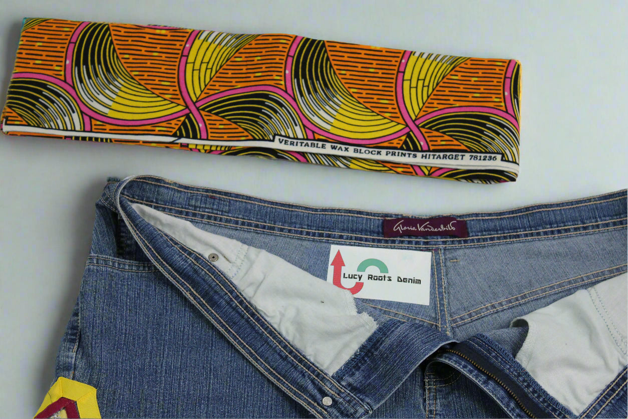 Upcycled Gloria Vanderbilt jeans 2x / 20 Plus to jean skirt Hi-Lo Yellow Ankh & Life appliques One-Of-A-Kind African Diaspora