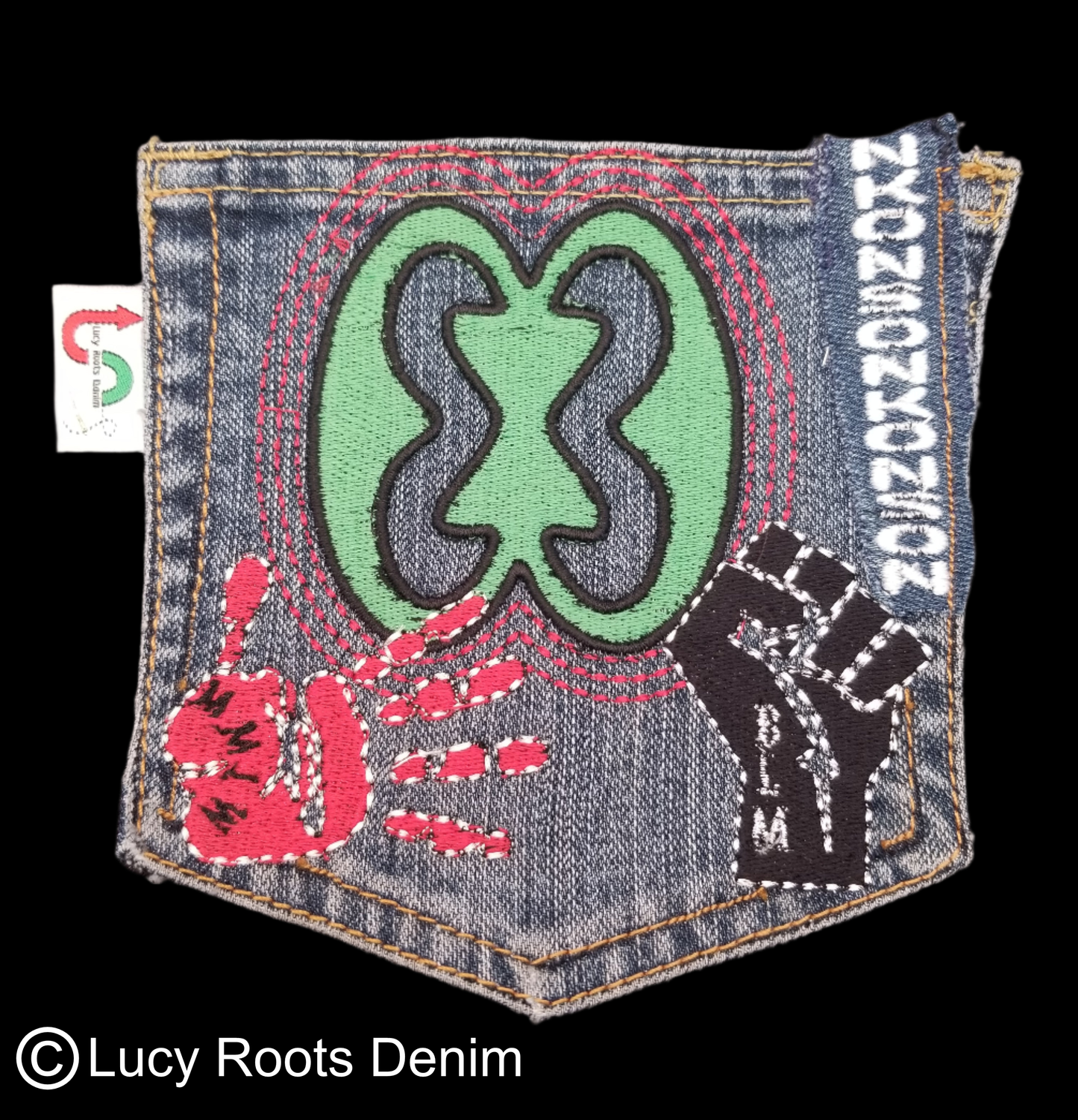Nkonsonkonson # 1 Upcycled denim blue jeans Pocket Patch African Diaspora Indigenous Peoples
