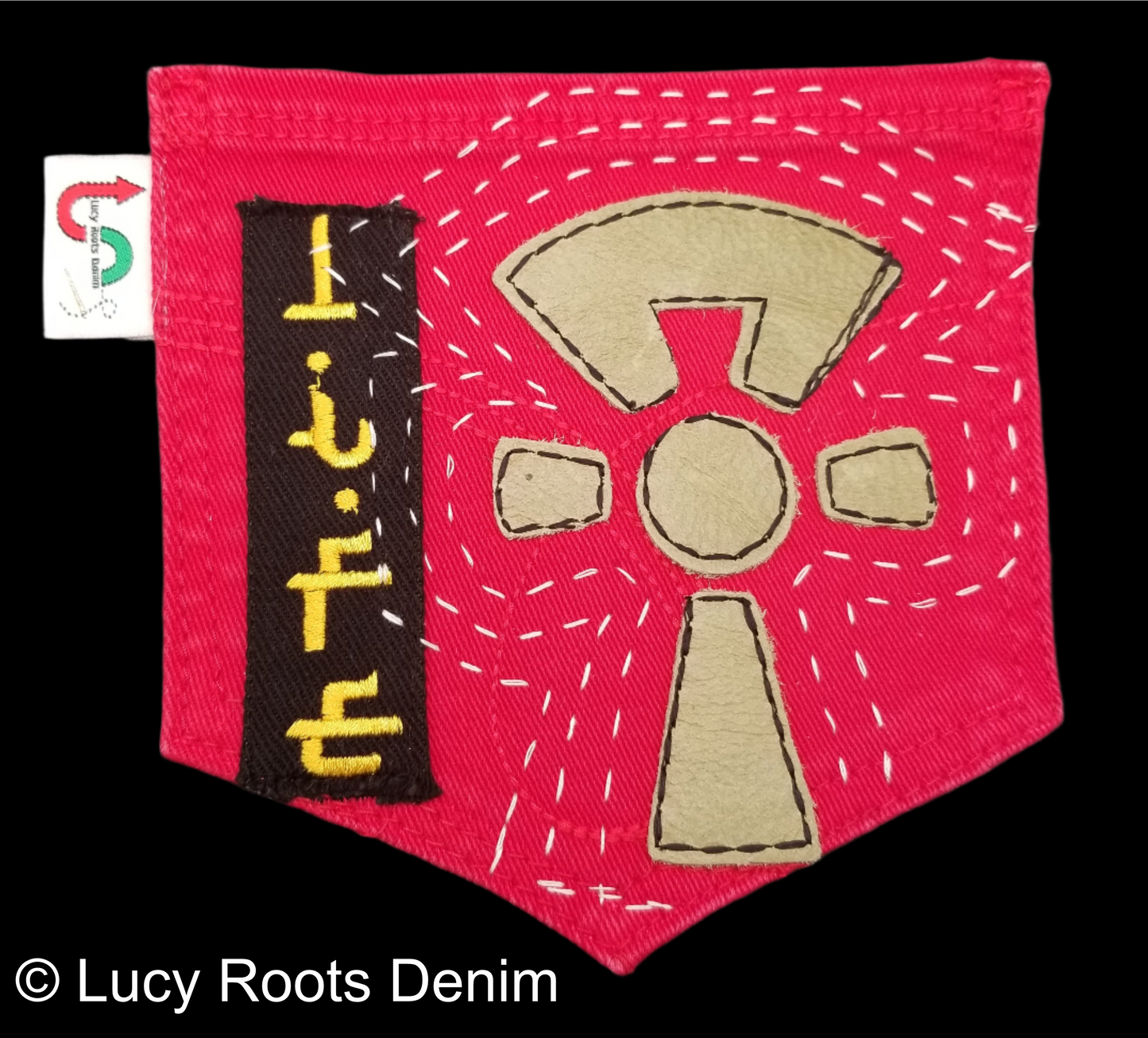 Ankh # 2 Upcycled red jeans Pocket Patch African Diaspora Leather Applique