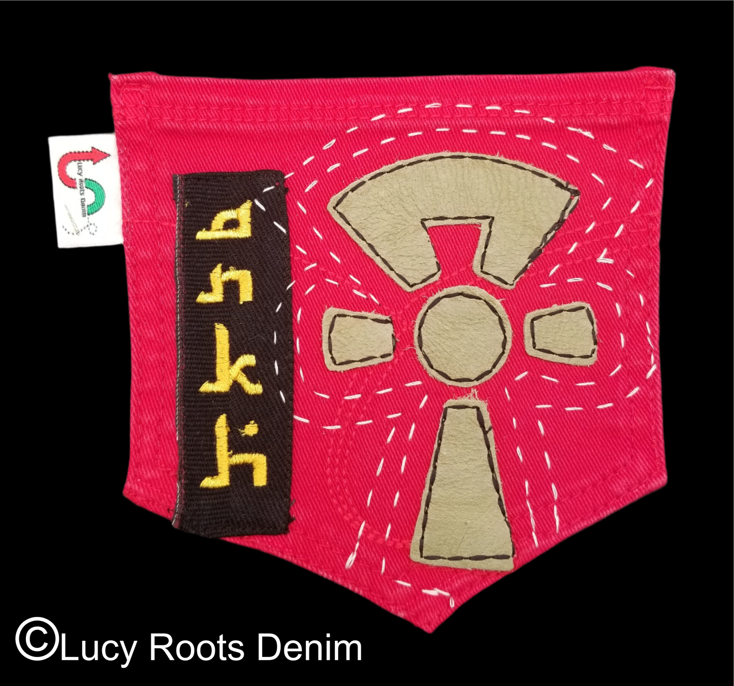 Ankh # 1 Upcycled red jeans Pocket Patch African Diaspora Leather Applique