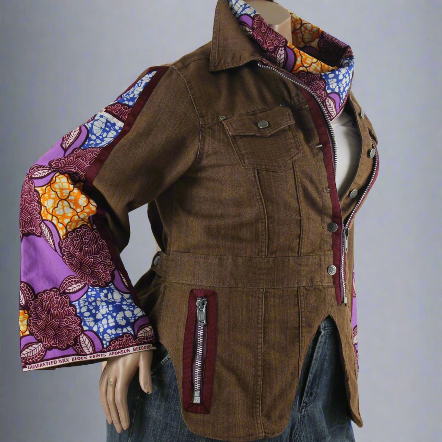 Upcycled jean jacket 12W Leather Applique Agyinduwura symbol & Ankara brown denim One-Of-A-Kind African Diaspora