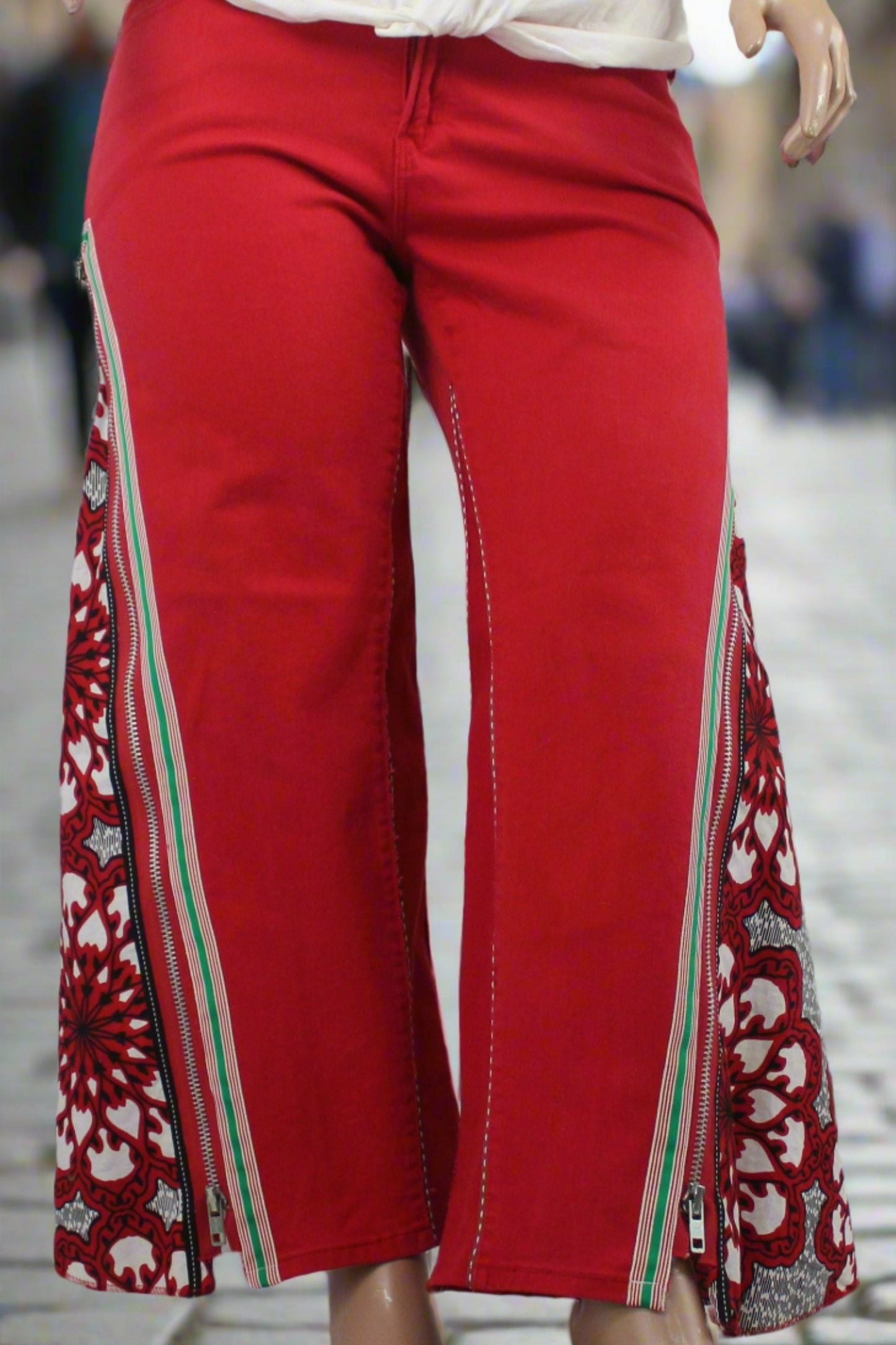 Upcycled Levi's jeans 20 Plus Ankara Dutch wax print red denim One-Of-A-Kind African Diaspora