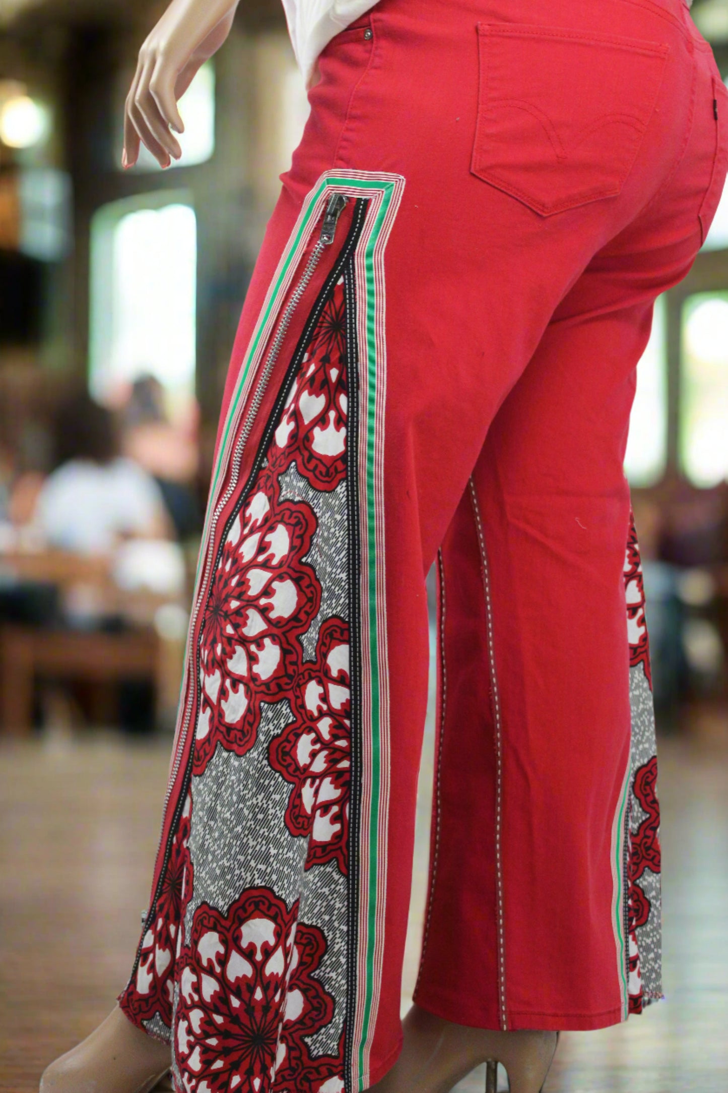 Upcycled Levi's jeans 20 Plus Ankara Dutch wax print red denim One-Of-A-Kind African Diaspora