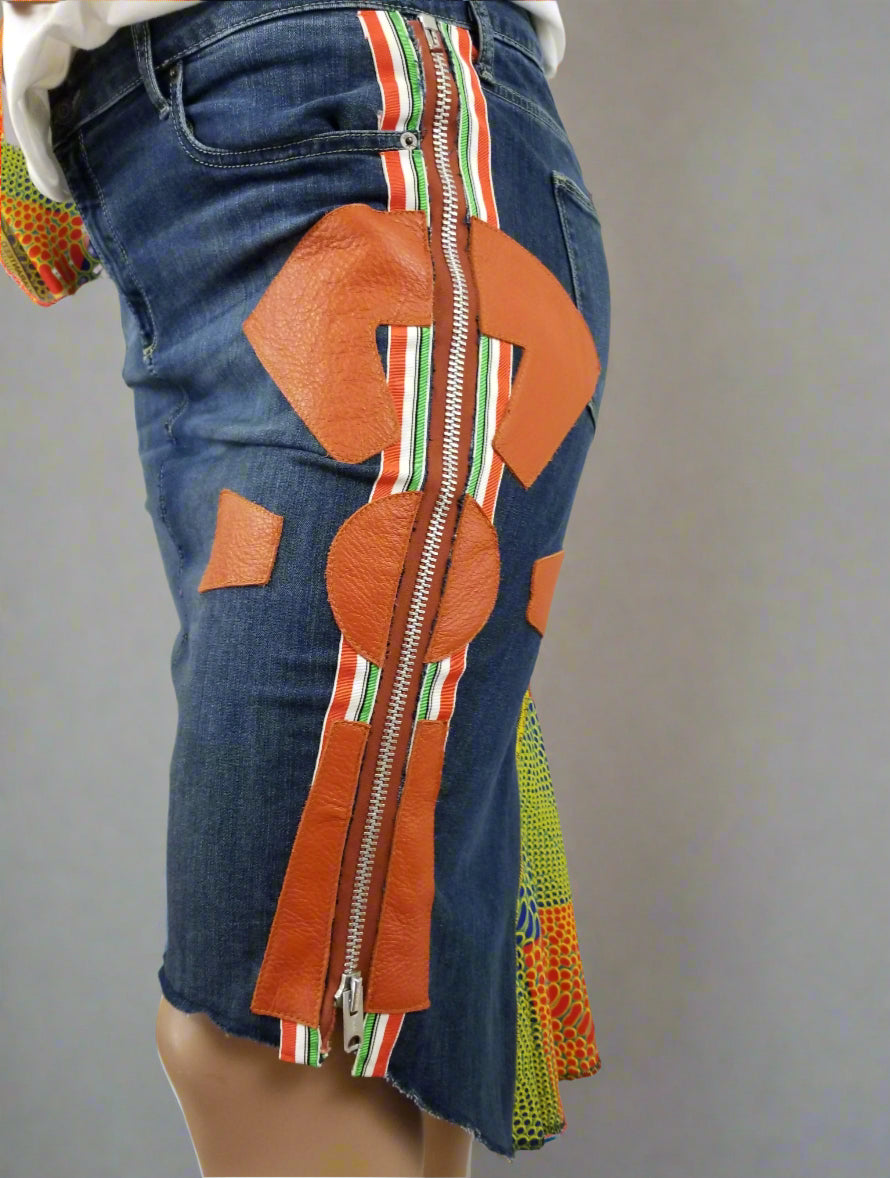 Upcycled Gap jeans 18 Plus to jean skirt Leather Ankh applique & Ankara Hi-Lo hem One-Of-A-Kind African Diaspora