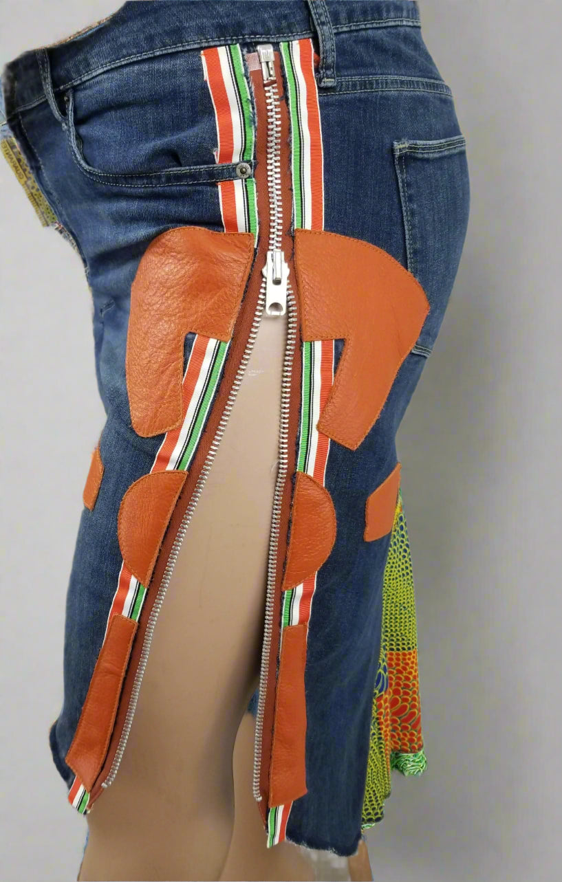 Upcycled Gap jeans 18 Plus to jean skirt Leather Ankh applique & Ankara Hi-Lo hem One-Of-A-Kind African Diaspora