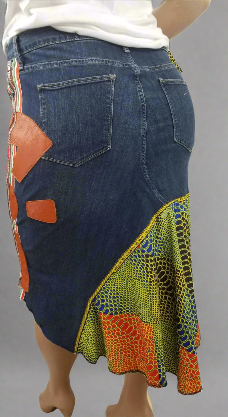 Upcycled Gap jeans 18 Plus to jean skirt Leather Ankh applique & Ankara Hi-Lo hem One-Of-A-Kind African Diaspora