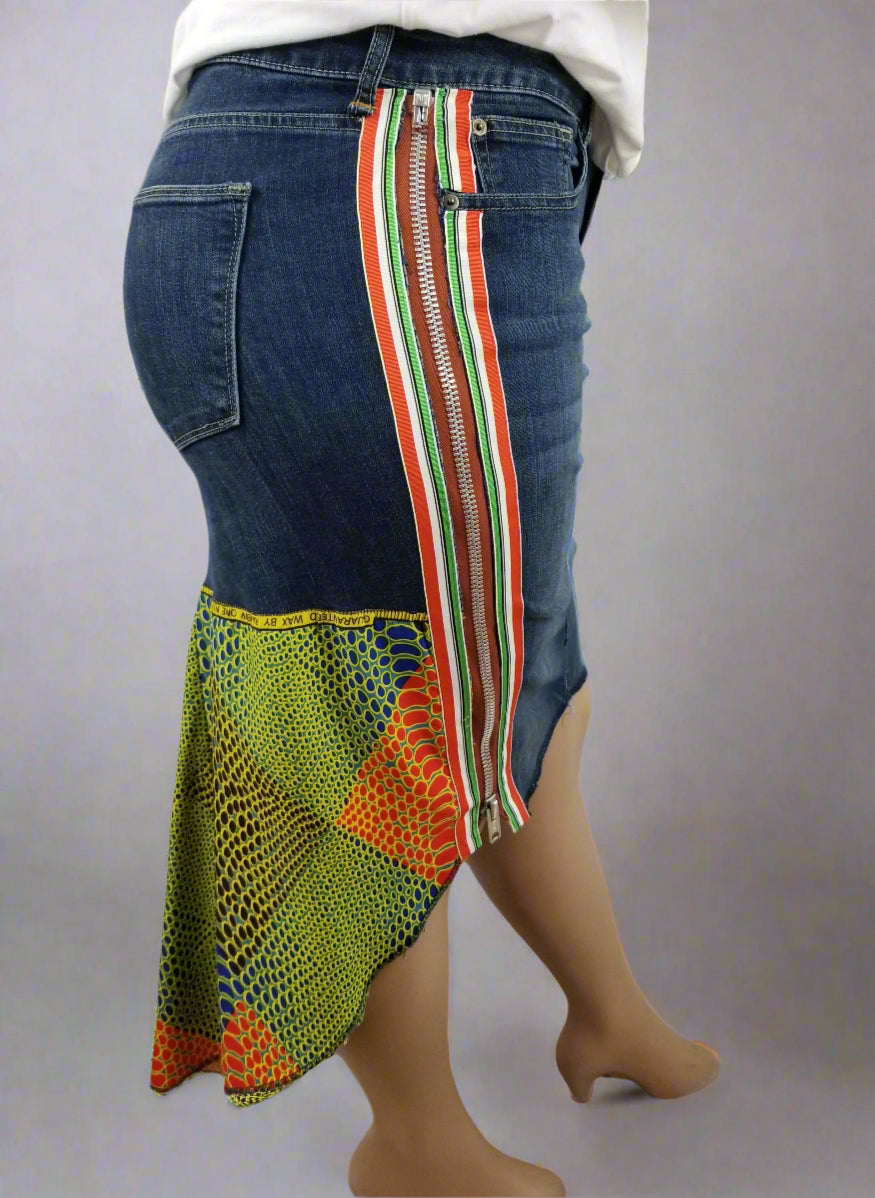 Upcycled Gap jeans 18 Plus to jean skirt Leather Ankh applique & Ankara Hi-Lo hem One-Of-A-Kind African Diaspora