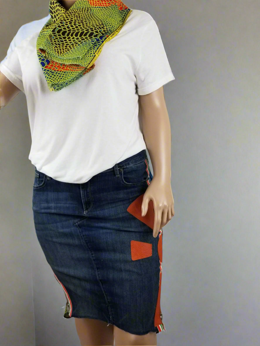 Upcycled Gap jeans 18 Plus to jean skirt Leather Ankh applique & Ankara Hi-Lo hem One-Of-A-Kind African Diaspora