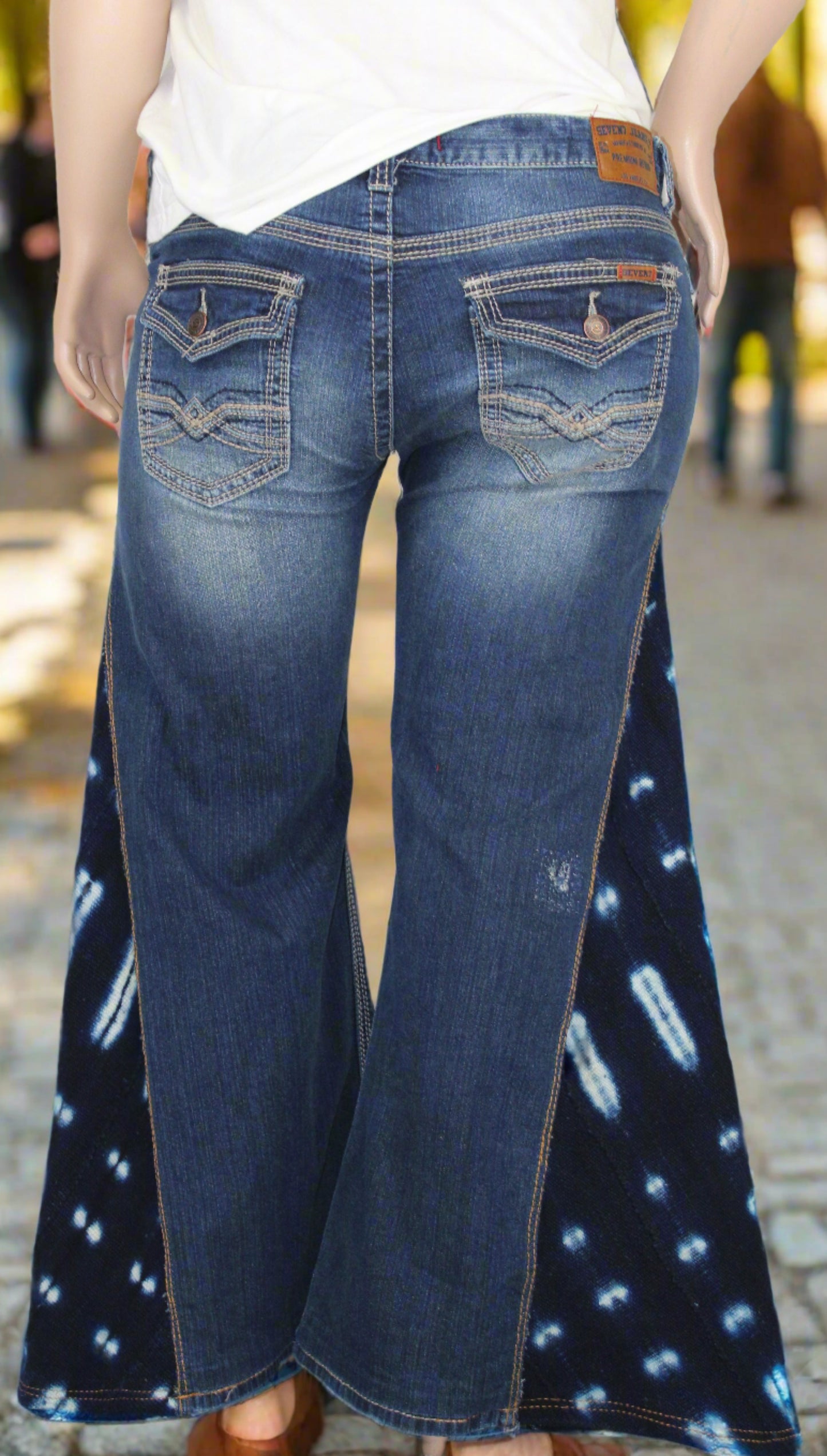 Upcycled Seven 7 jeans 34 / 12 Plus Unisex Indigo Mud Cloth & Leather Trim denim blue One-Of-A-Kind Africa Diaspora