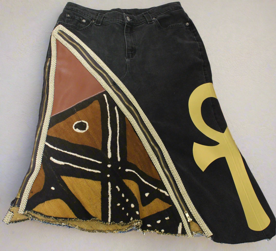 Upcycled Lee jeans 14 Plus to jean skirt Mud Cloth Leather & Gold Ankh applique black denim One-Of-A-Kind African Diaspora