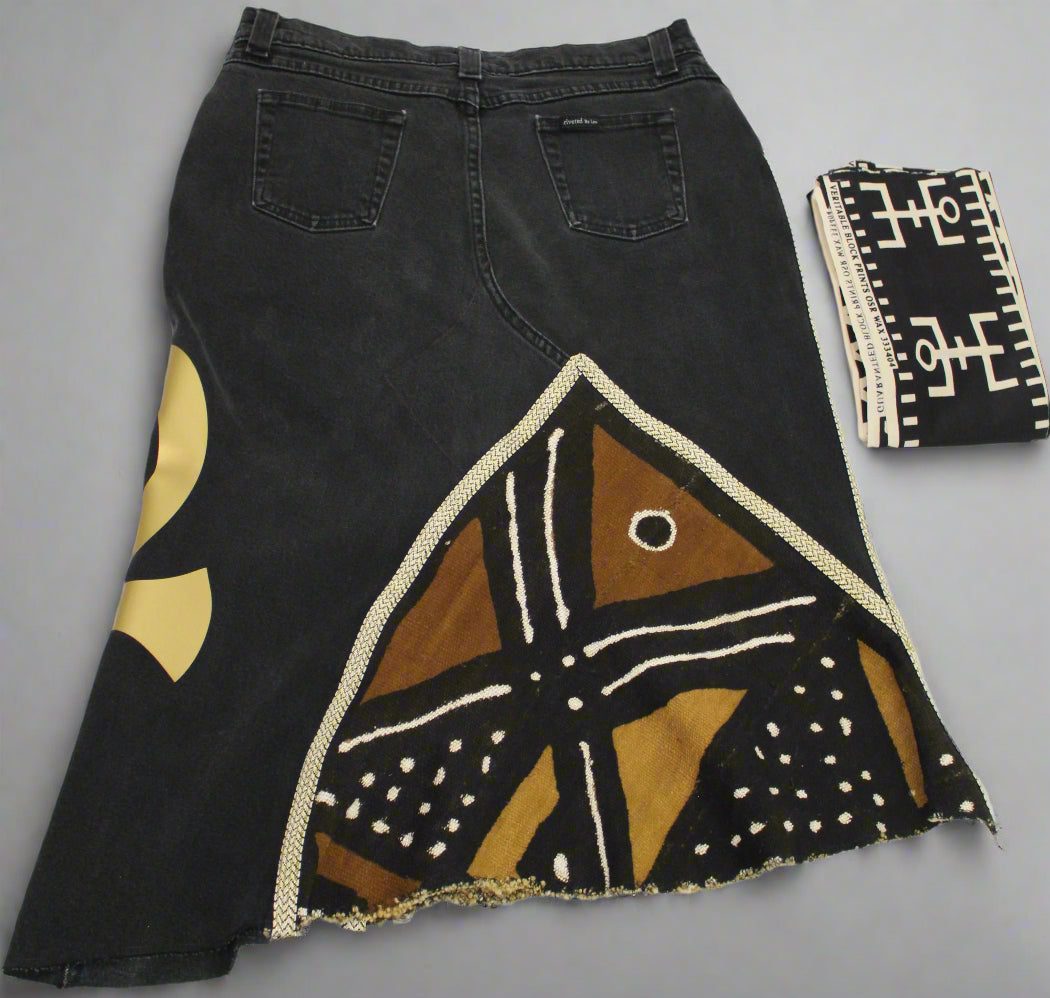 Upcycled Lee jeans 14 Plus to jean skirt Mud Cloth Leather & Gold Ankh applique black denim One-Of-A-Kind African Diaspora