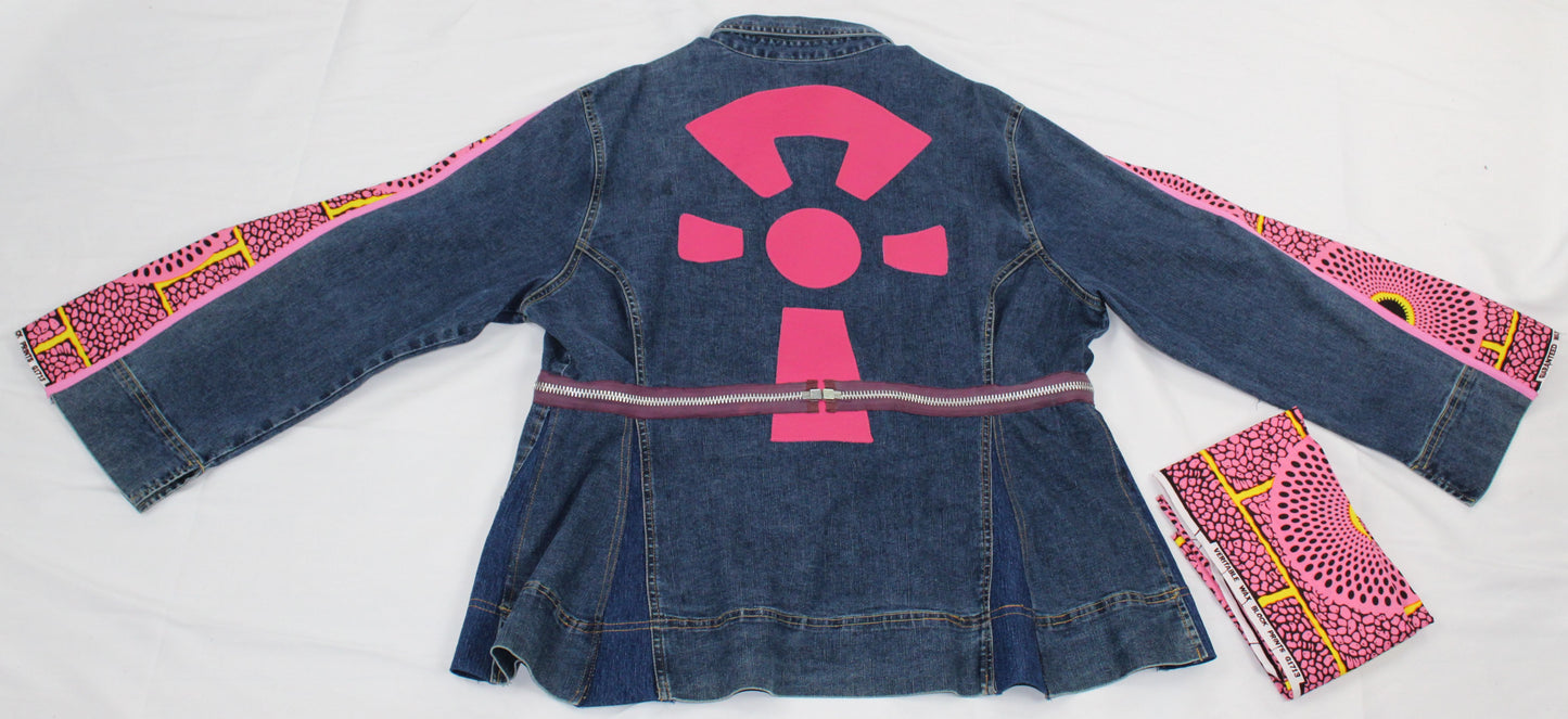 Upcycled Ashley Stewart jean jacket 22 Plus Pink Leather Ankh applique & Ankara One-Of-A-Kind Africa Diaspora