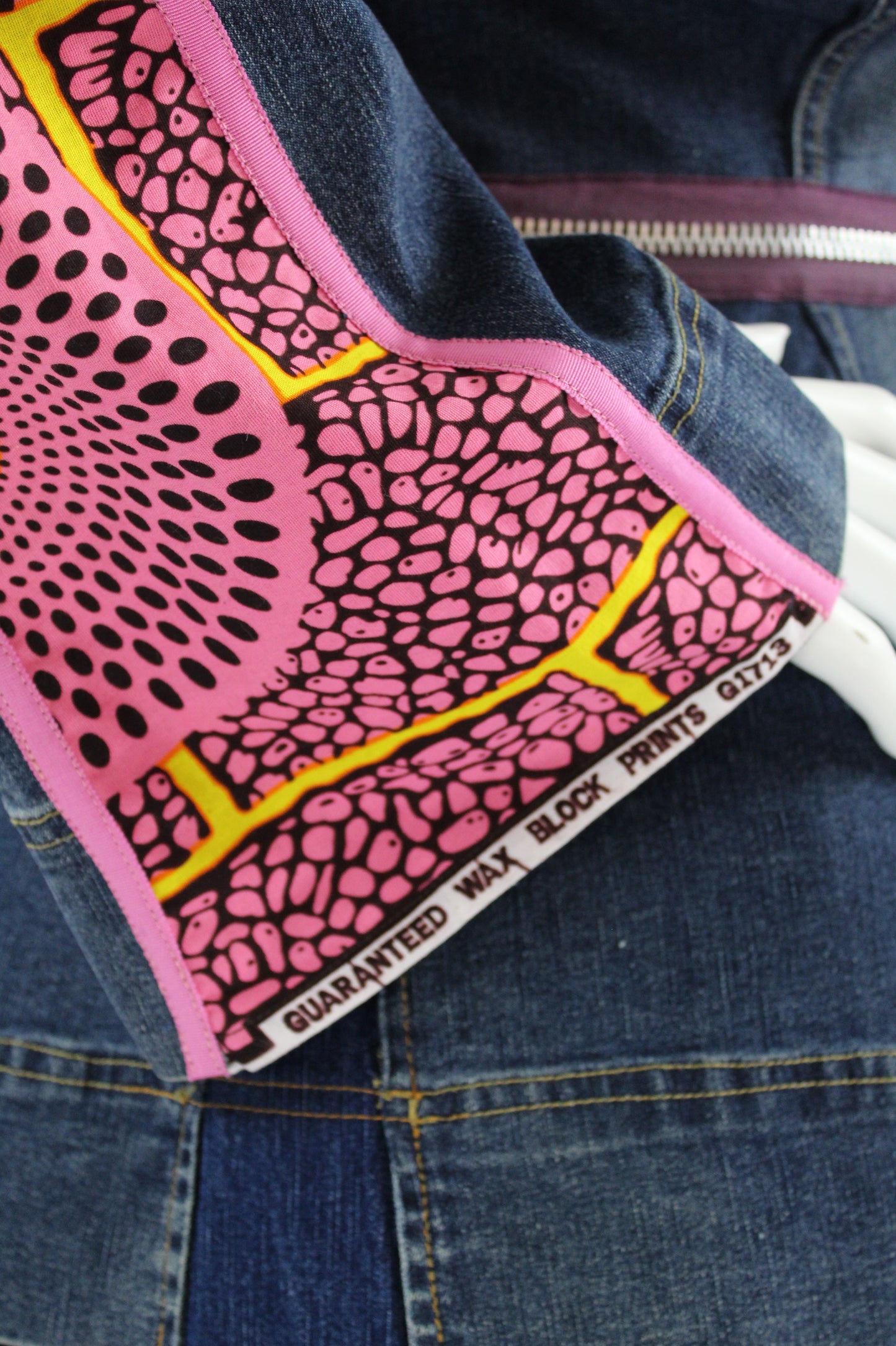 Upcycled Ashley Stewart jean jacket 22 Plus Pink Leather Ankh applique & Ankara One-Of-A-Kind Africa Diaspora