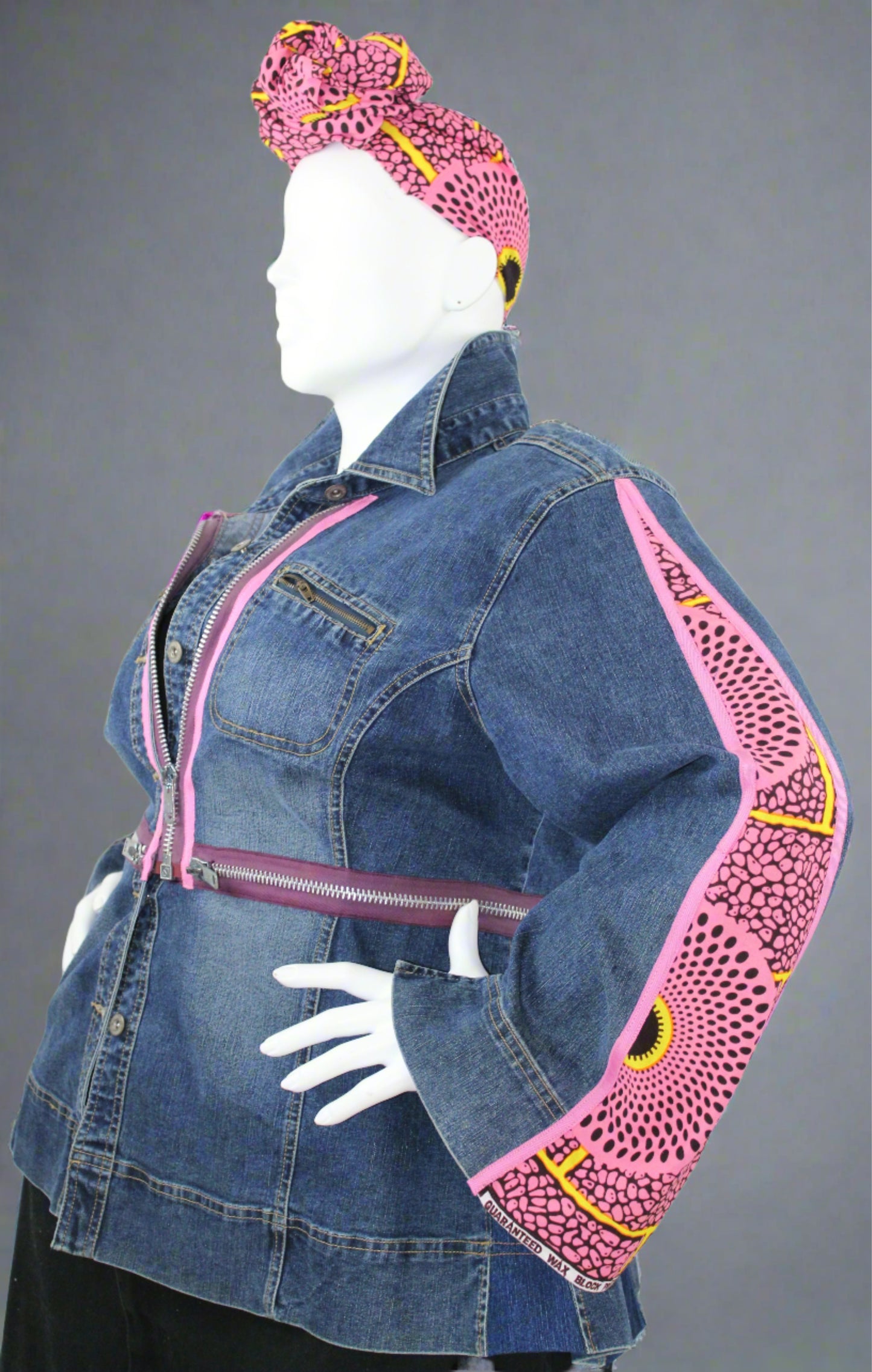 Upcycled Ashley Stewart jean jacket 22 Plus Pink Leather Ankh applique & Ankara One-Of-A-Kind Africa Diaspora