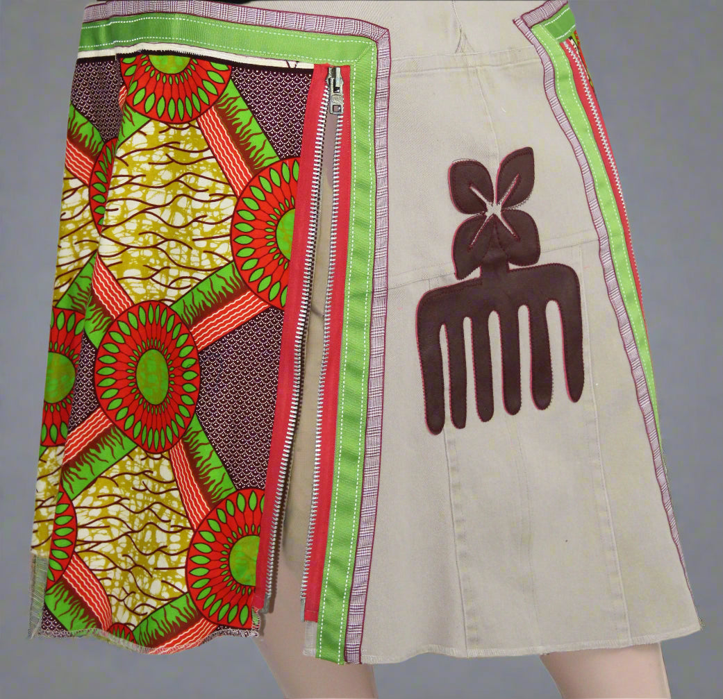 Upcycled Gloria Vanderbilt jeans 20W Plus tp jean skirt Nserewa Duafe Leather Applique & Ankara One-Of-A-Kind African Diaspora