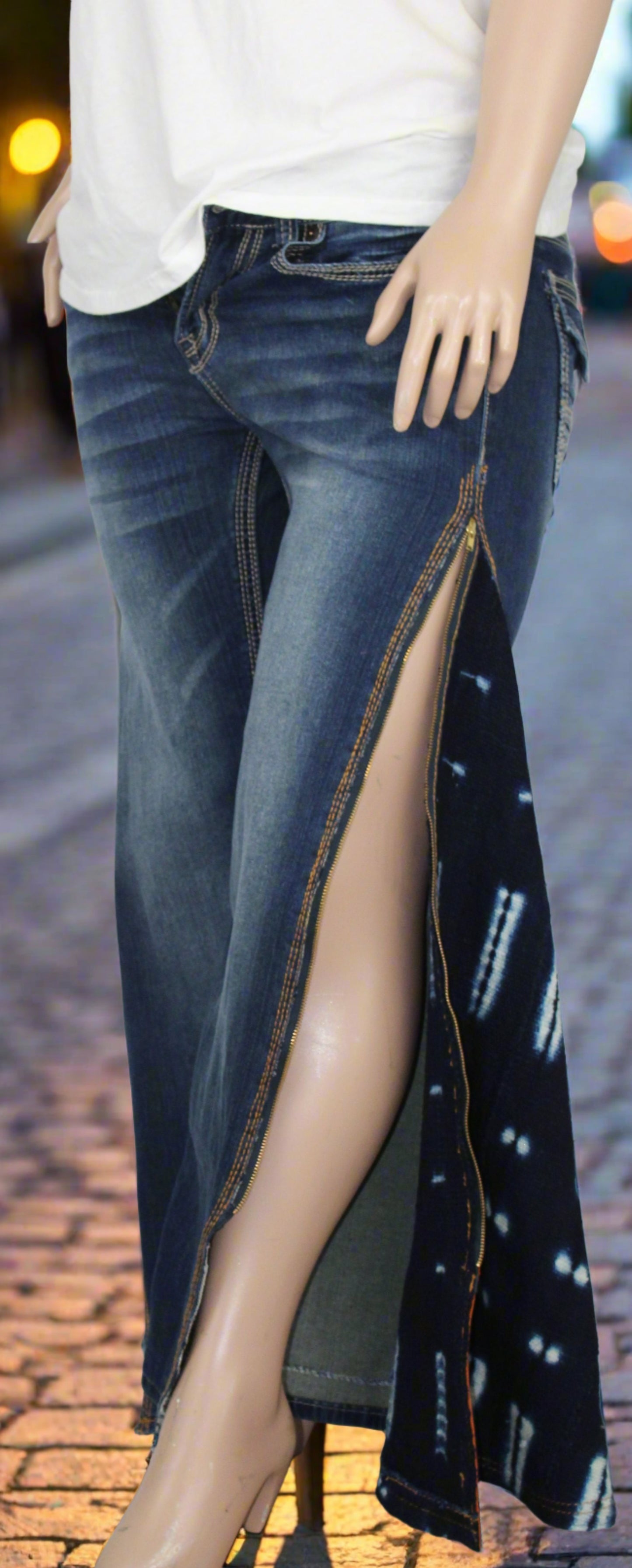 Upcycled Seven 7 jeans 34 / 12 Plus Unisex Indigo Mud Cloth & Leather Trim denim blue One-Of-A-Kind Africa Diaspora