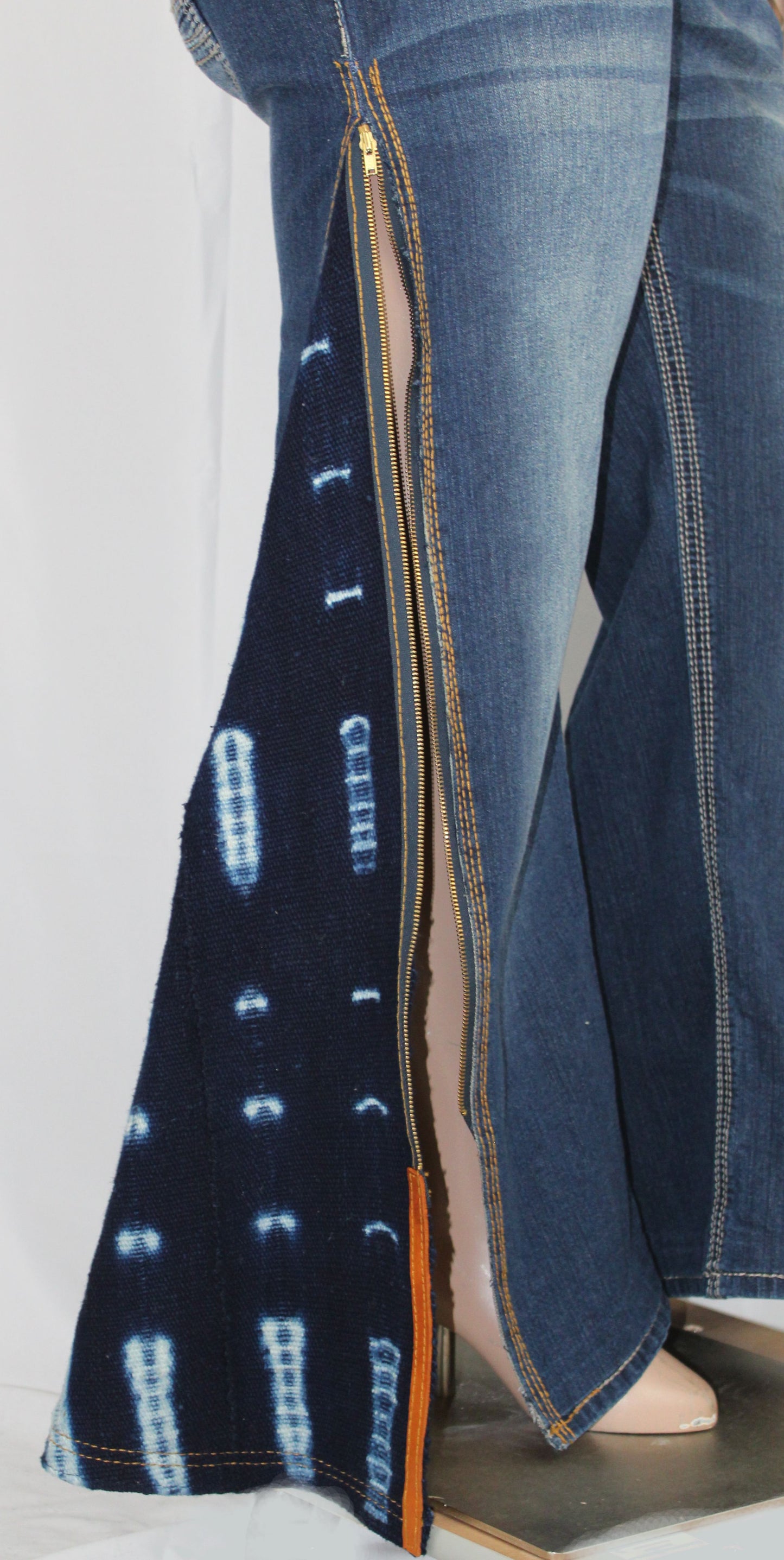 Upcycled Seven 7 jeans 34 / 12 Plus Unisex Indigo Mud Cloth & Leather Trim denim blue One-Of-A-Kind Africa Diaspora