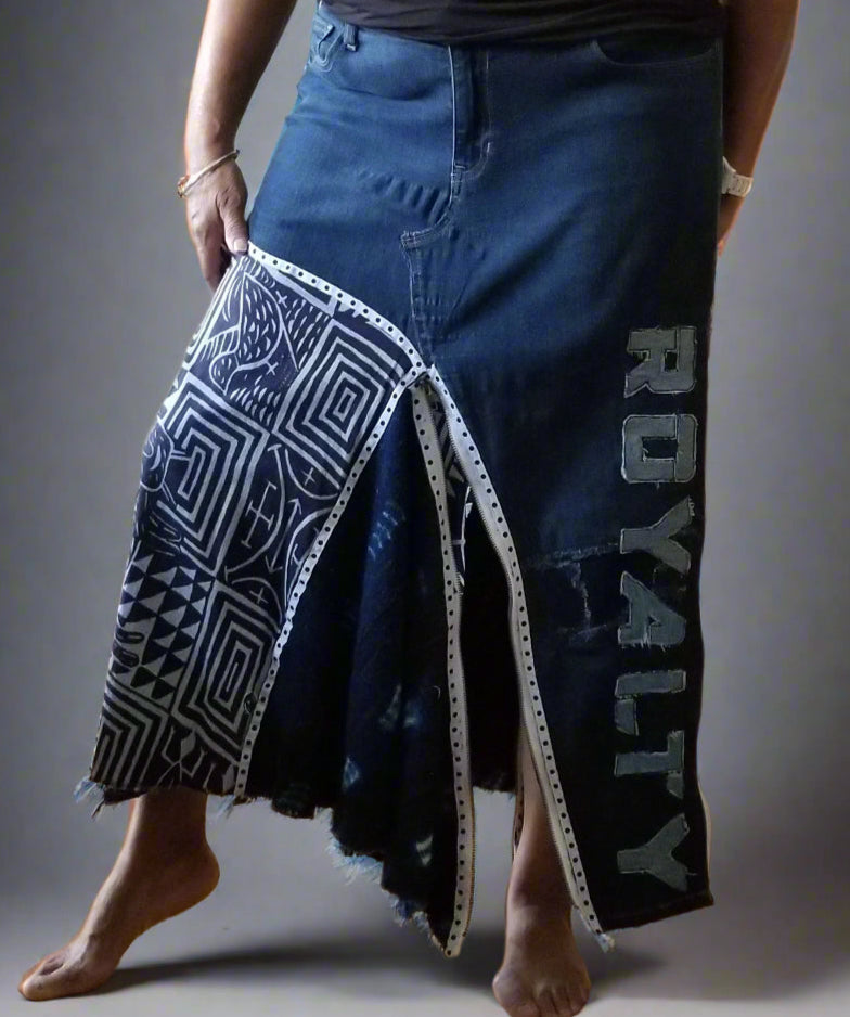 Upcycled Old Navy jeans 16 / 18 Plus to maxi jean skirt Royalty applique Mud Cloth & Ankara One-Of-A-Kind African Diaspora